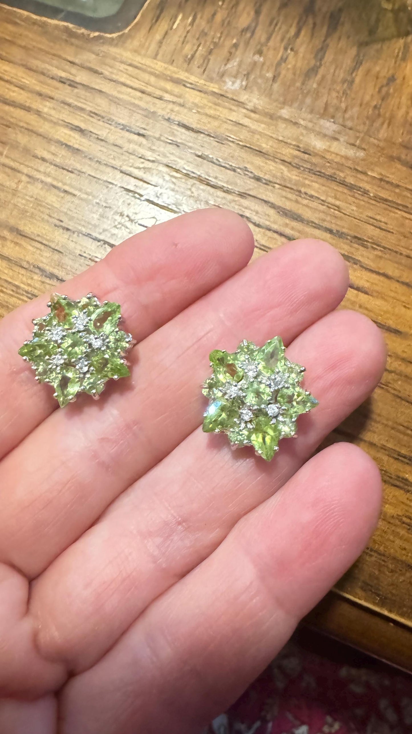 Vintage Handmade Sterling Silver Genuine Green Peridot and White Sapphire Earrings