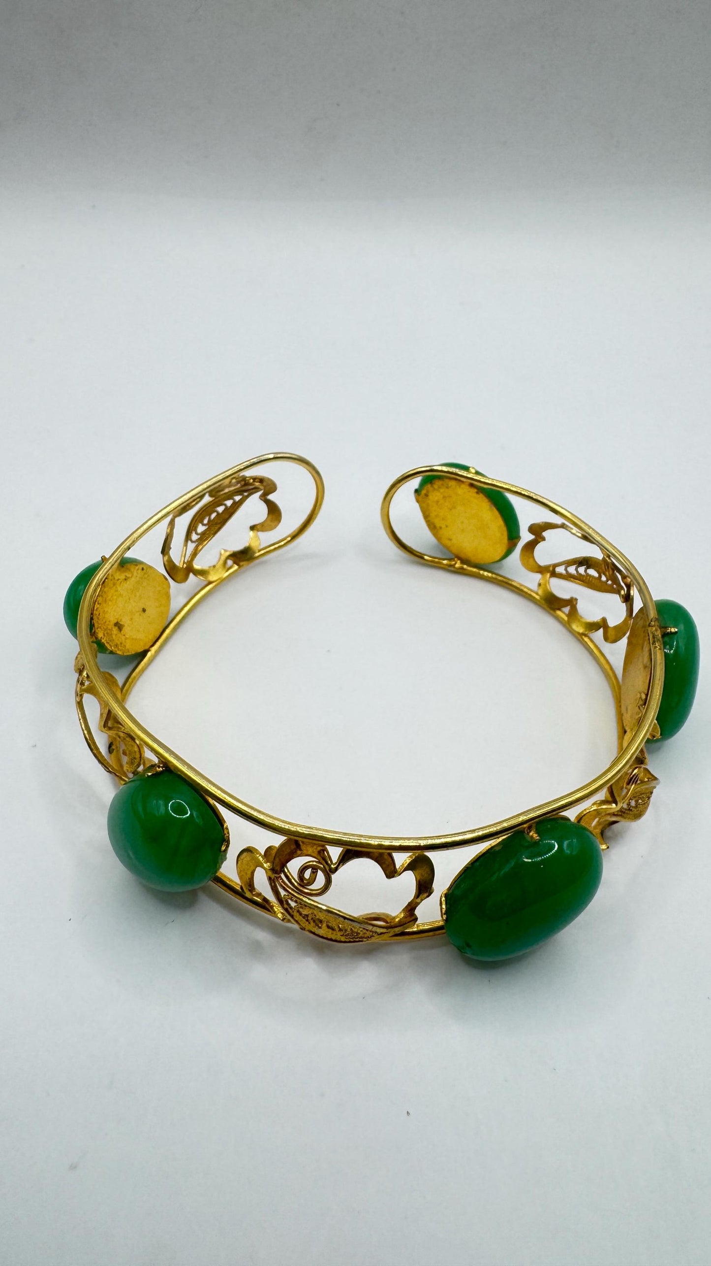 Vintage Green Jade Bangle Bracelet Gold filled Cuff