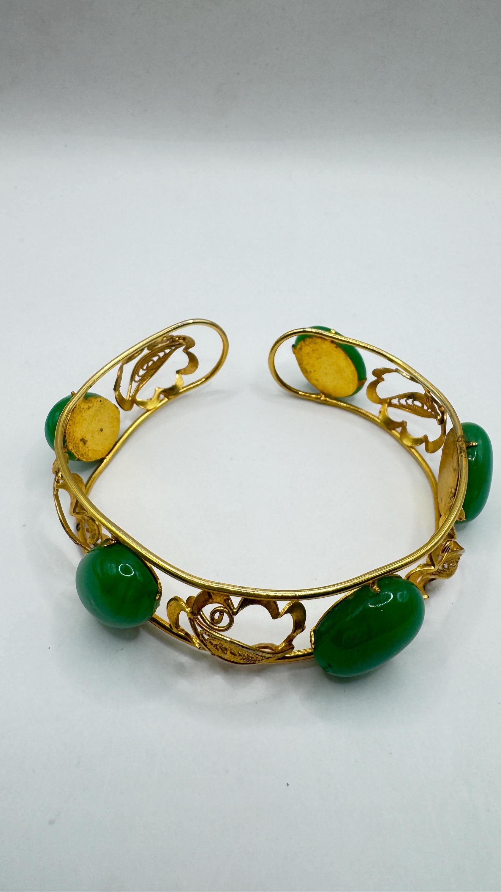 Vintage Green Jade Bangle Bracelet Gold filled Cuff