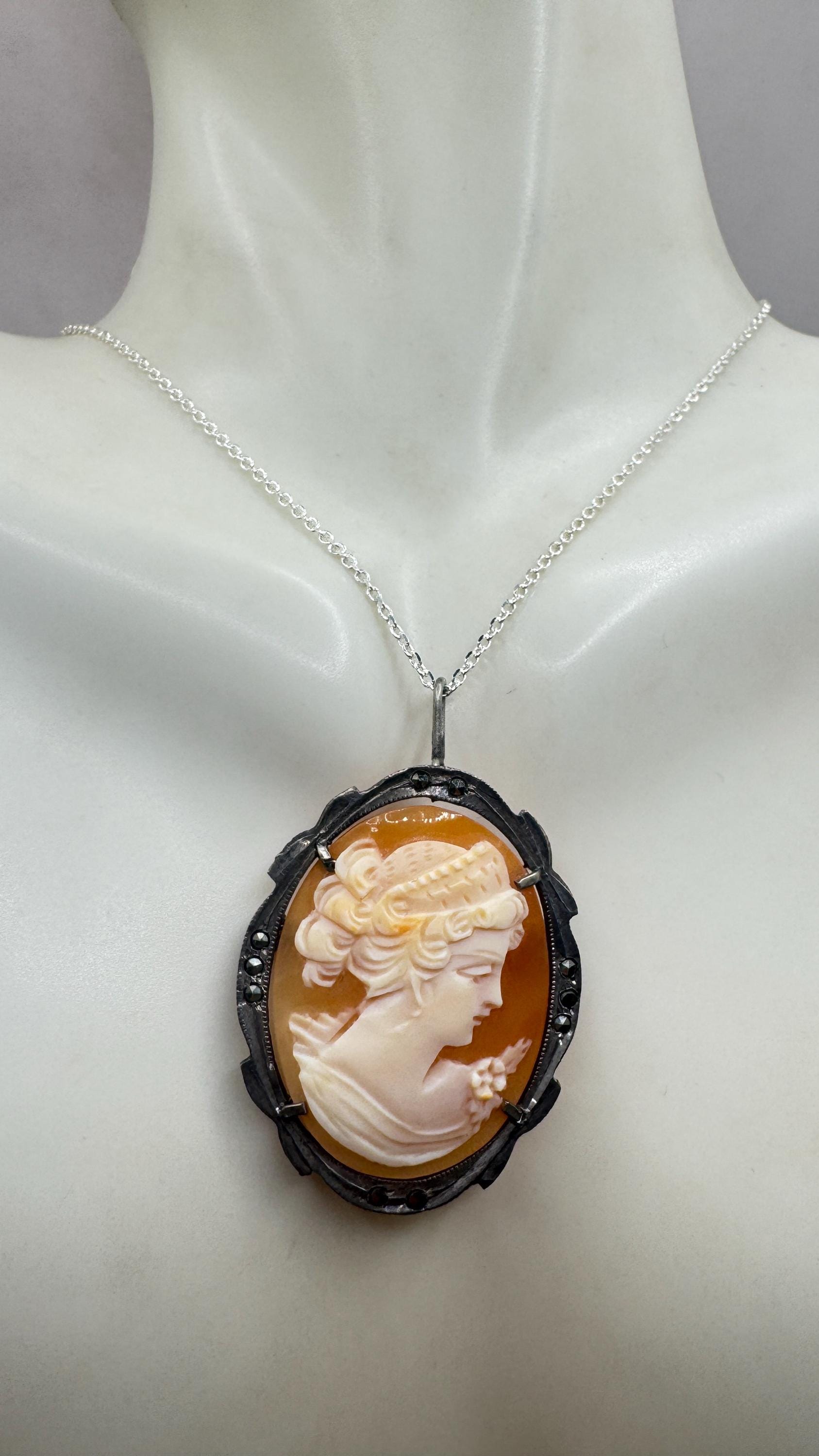 Vintage Shell Cameo 925 Sterling Silver Marcasite Necklace Choker pin brooch