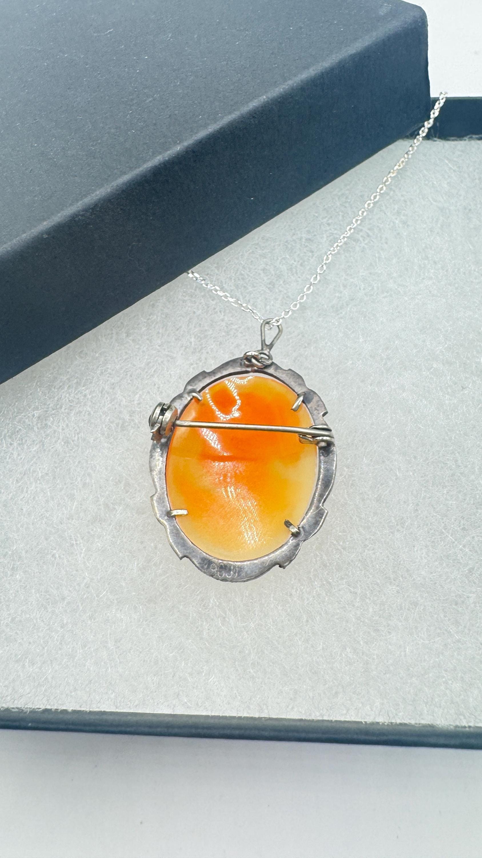 Vintage Shell Cameo 925 Sterling Silver Marcasite Necklace Choker pin brooch