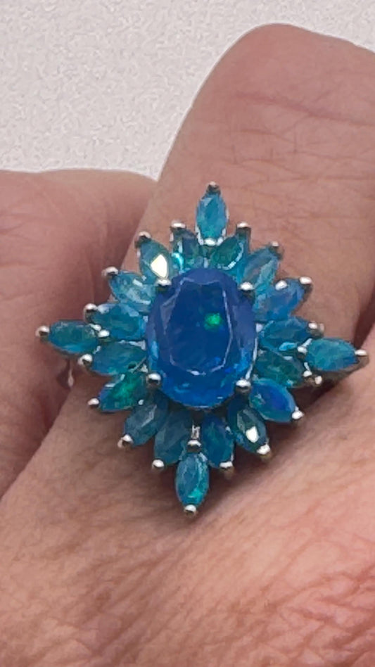 Vintage Blue Smoky Opal Ring 925 Sterling Silver Cocktail Size 8
