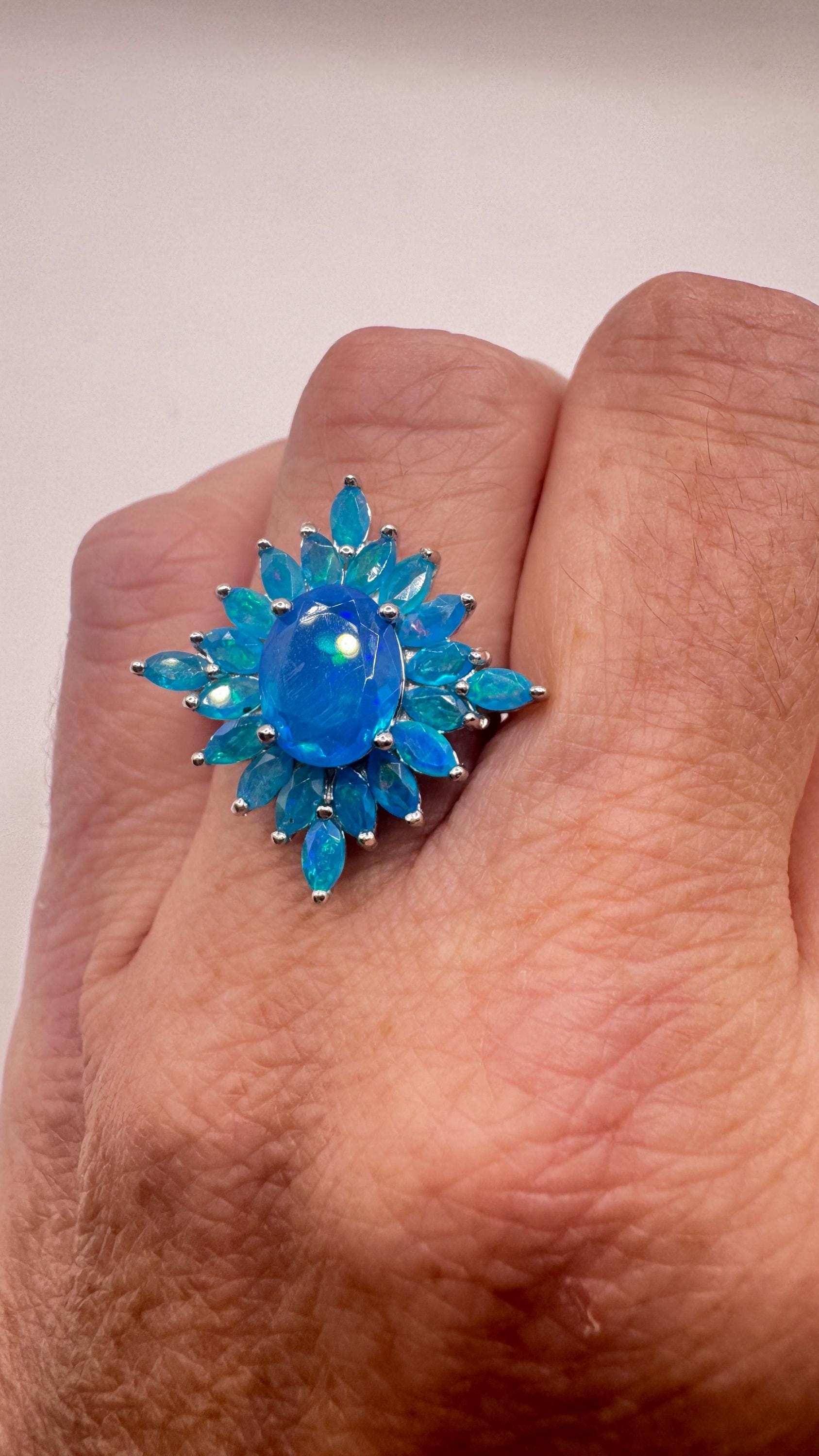 Vintage Blue Smoky Opal Ring 925 Sterling Silver Cocktail Size 8