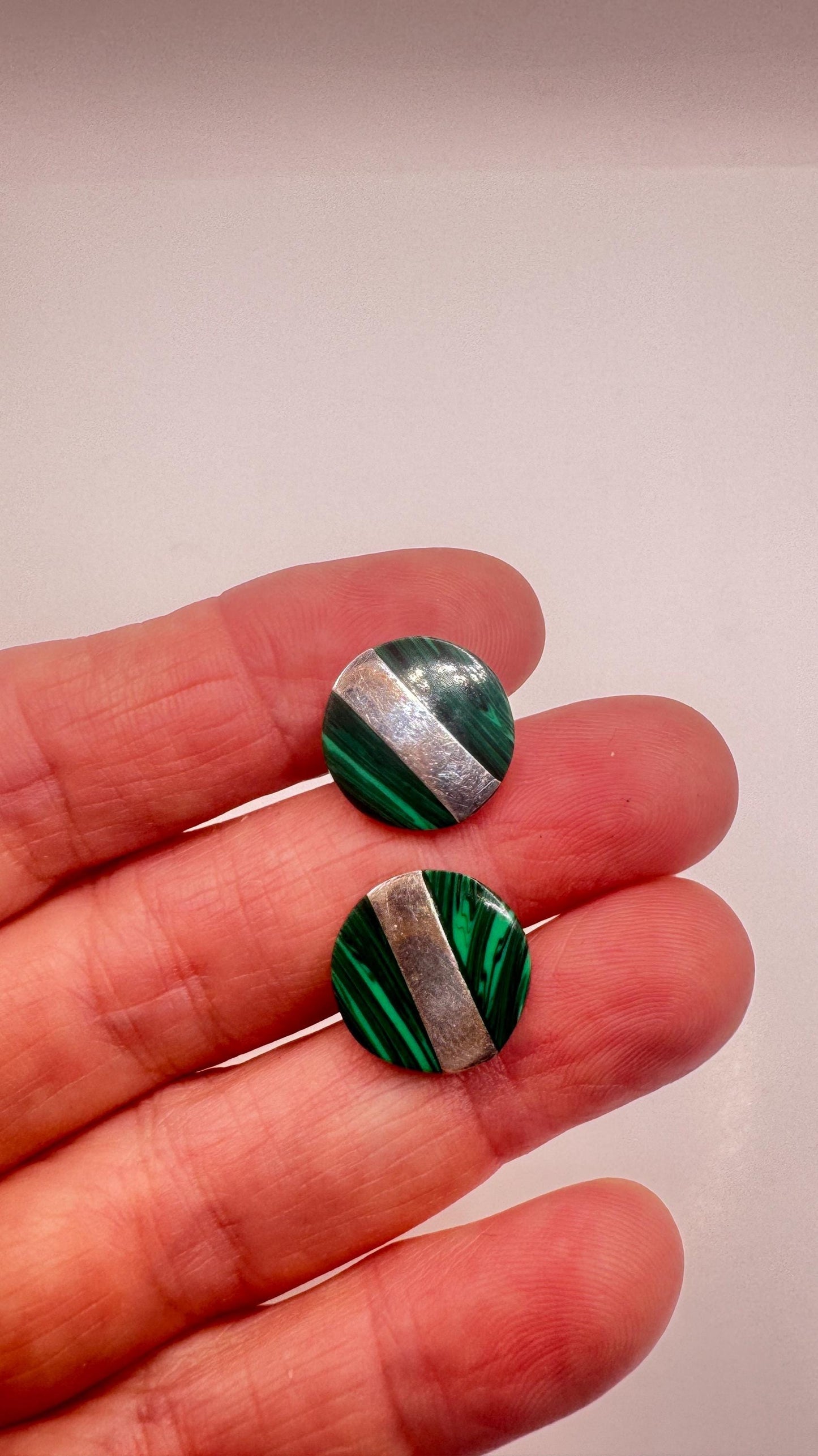 Vintage Green Malachite Cuff Links 925 Sterling Silver
