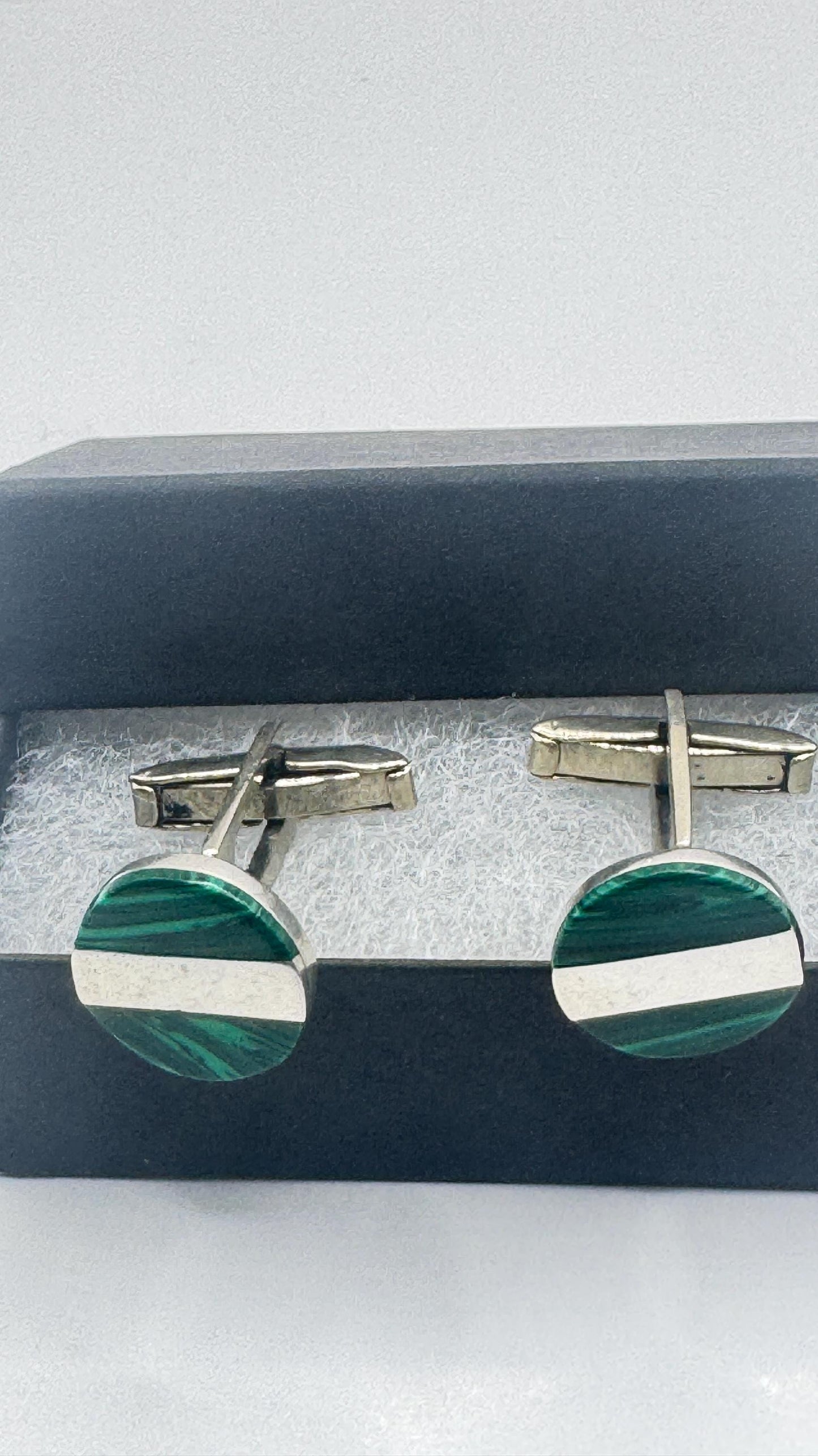 Vintage Green Malachite Cuff Links 925 Sterling Silver