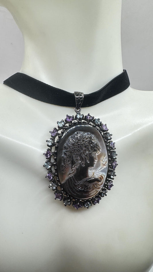 Vintage abalone Cameo Gold Filled Necklace Pin Brooch