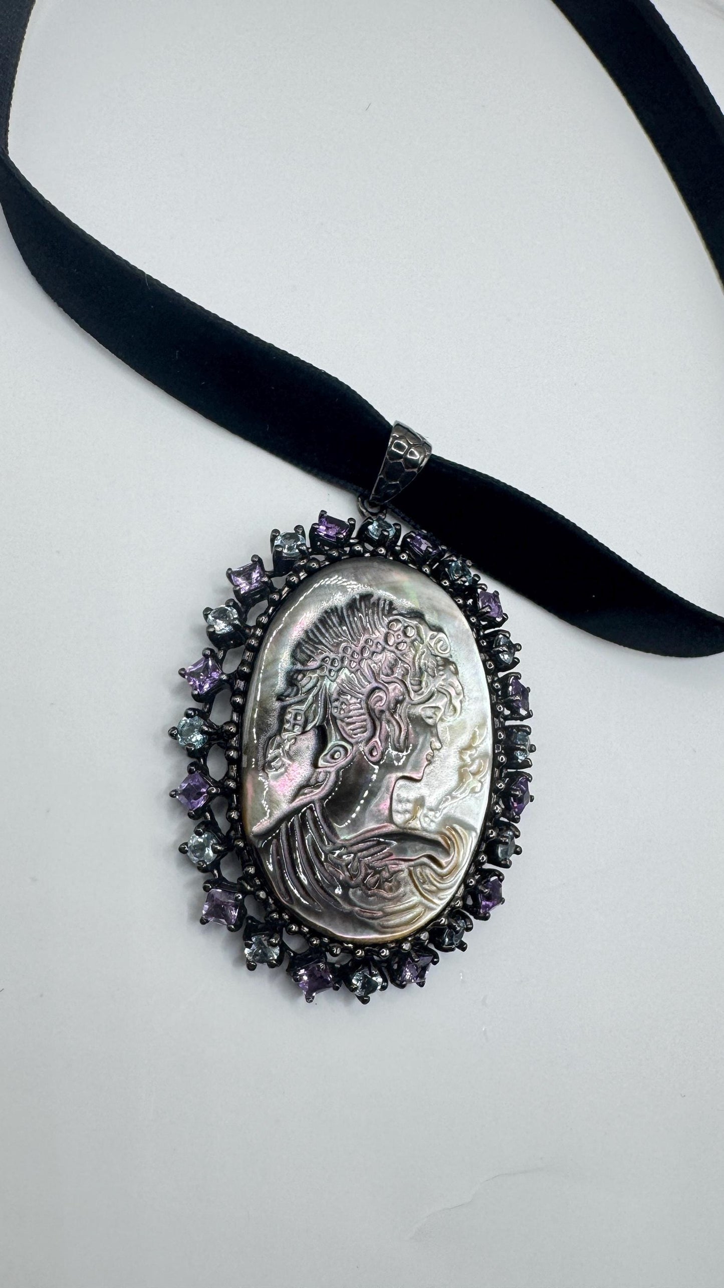 Vintage abalone Cameo Gold Filled Necklace Pin Brooch