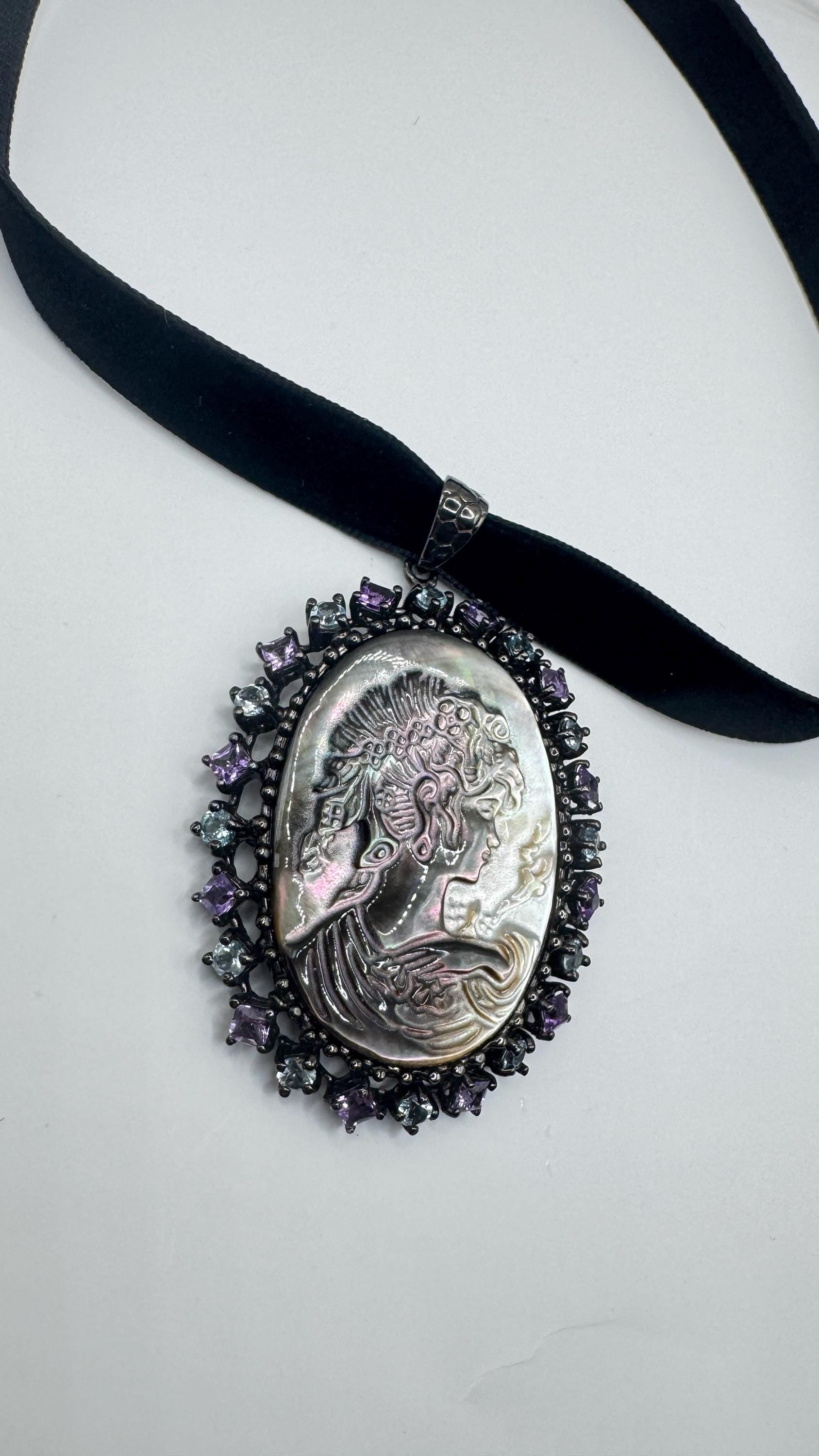 Vintage abalone Cameo Gold Filled Necklace Pin Brooch