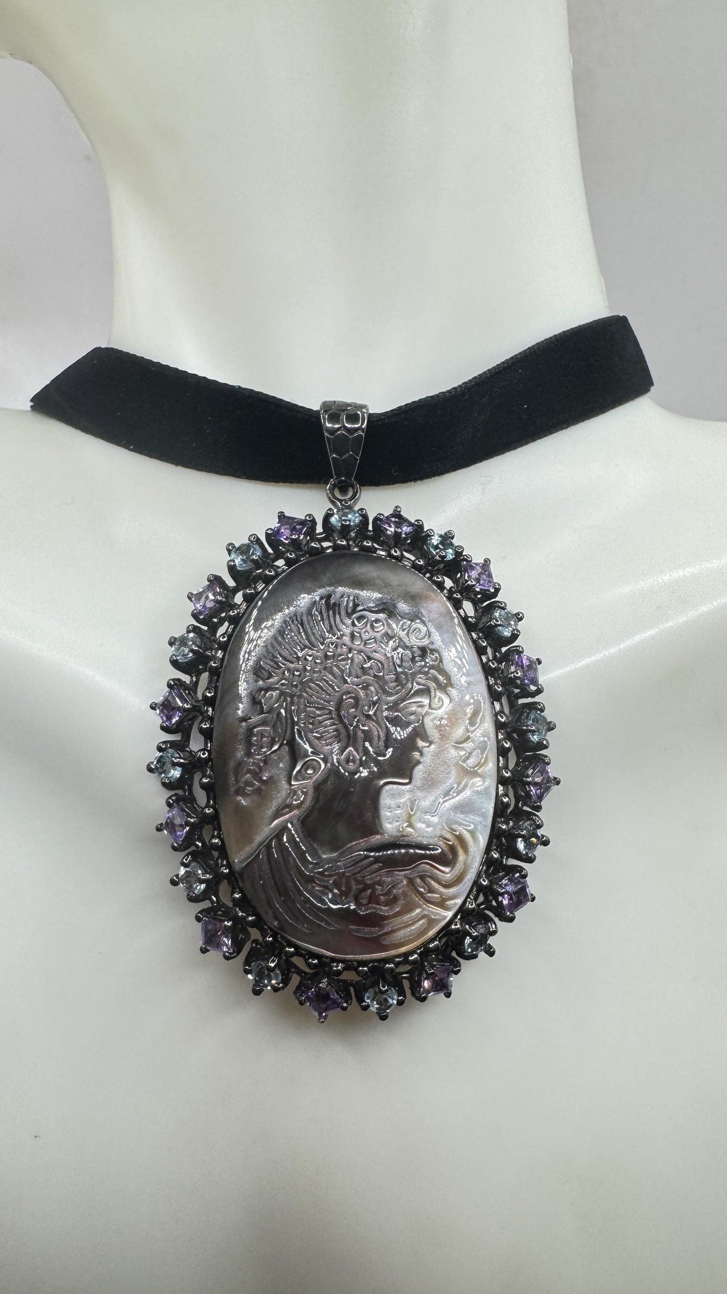 Vintage abalone Cameo Gold Filled Necklace Pin Brooch