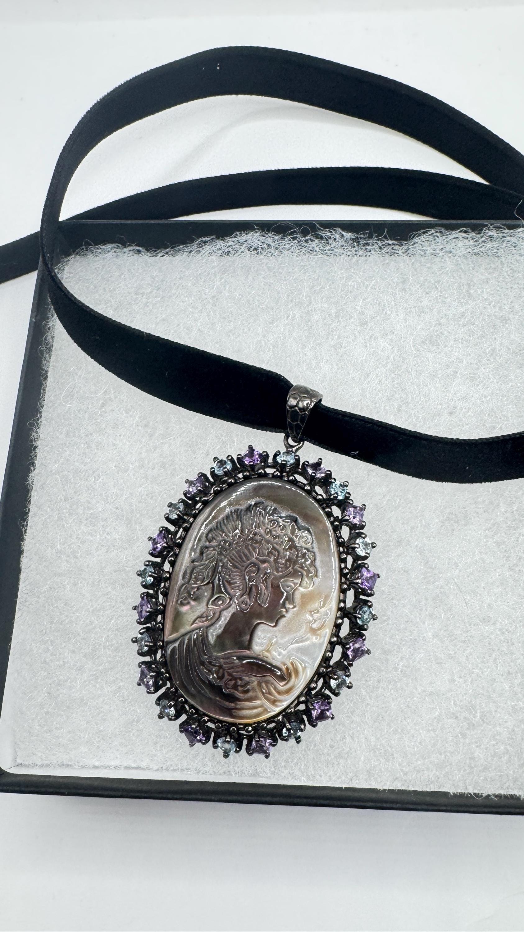 Vintage abalone Cameo Gold Filled Necklace Pin Brooch