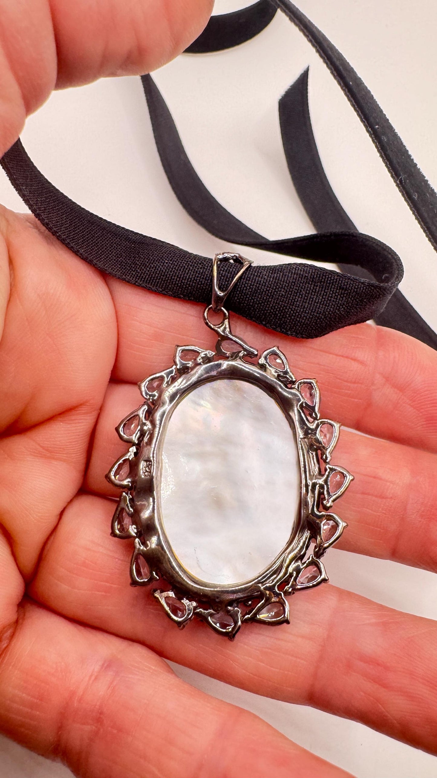 Vintage abalone Cameo Necklace 925 Sterling Silver