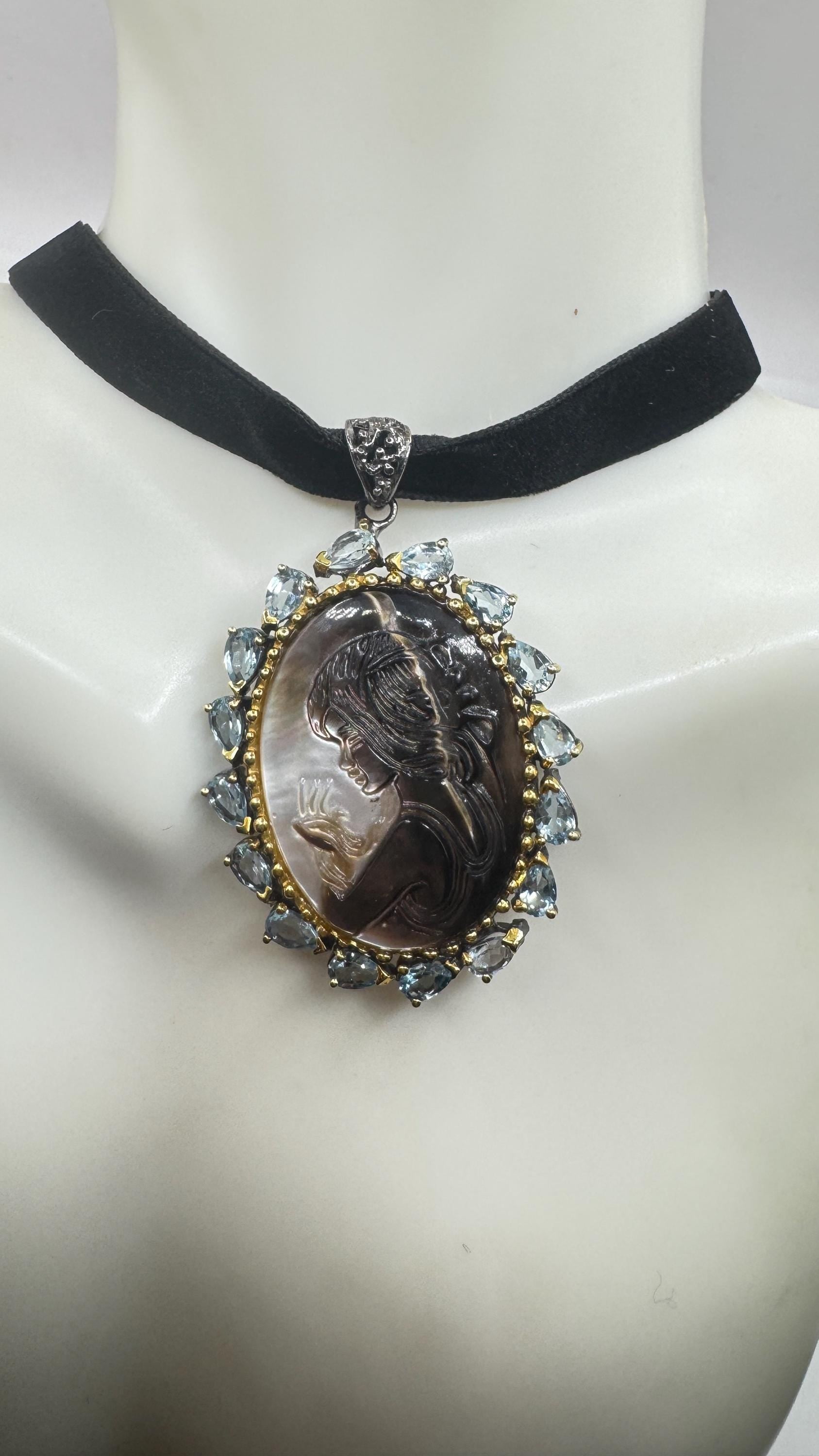 Vintage abalone Cameo Necklace 925 Sterling Silver