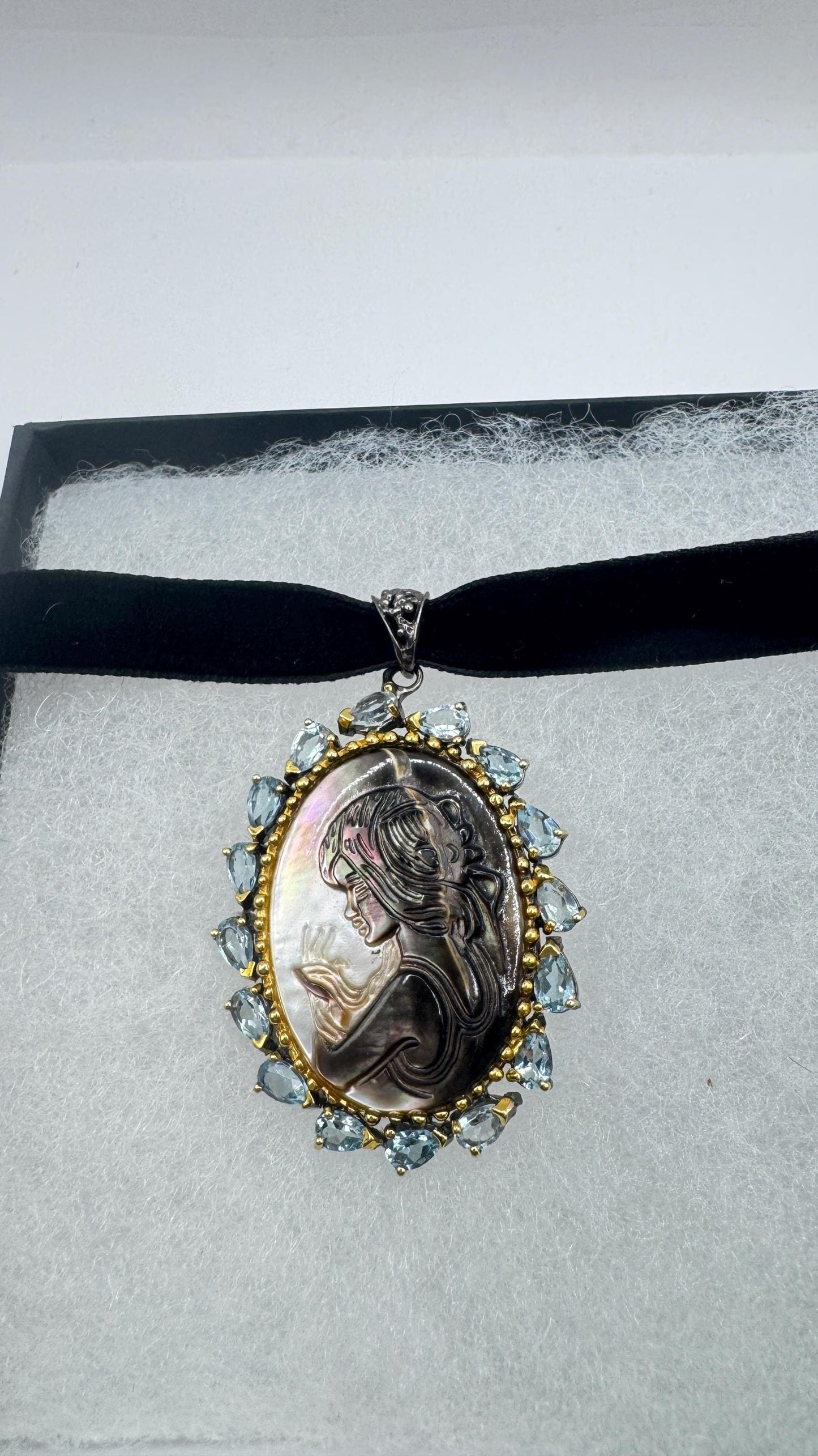 Vintage abalone Cameo Necklace 925 Sterling Silver