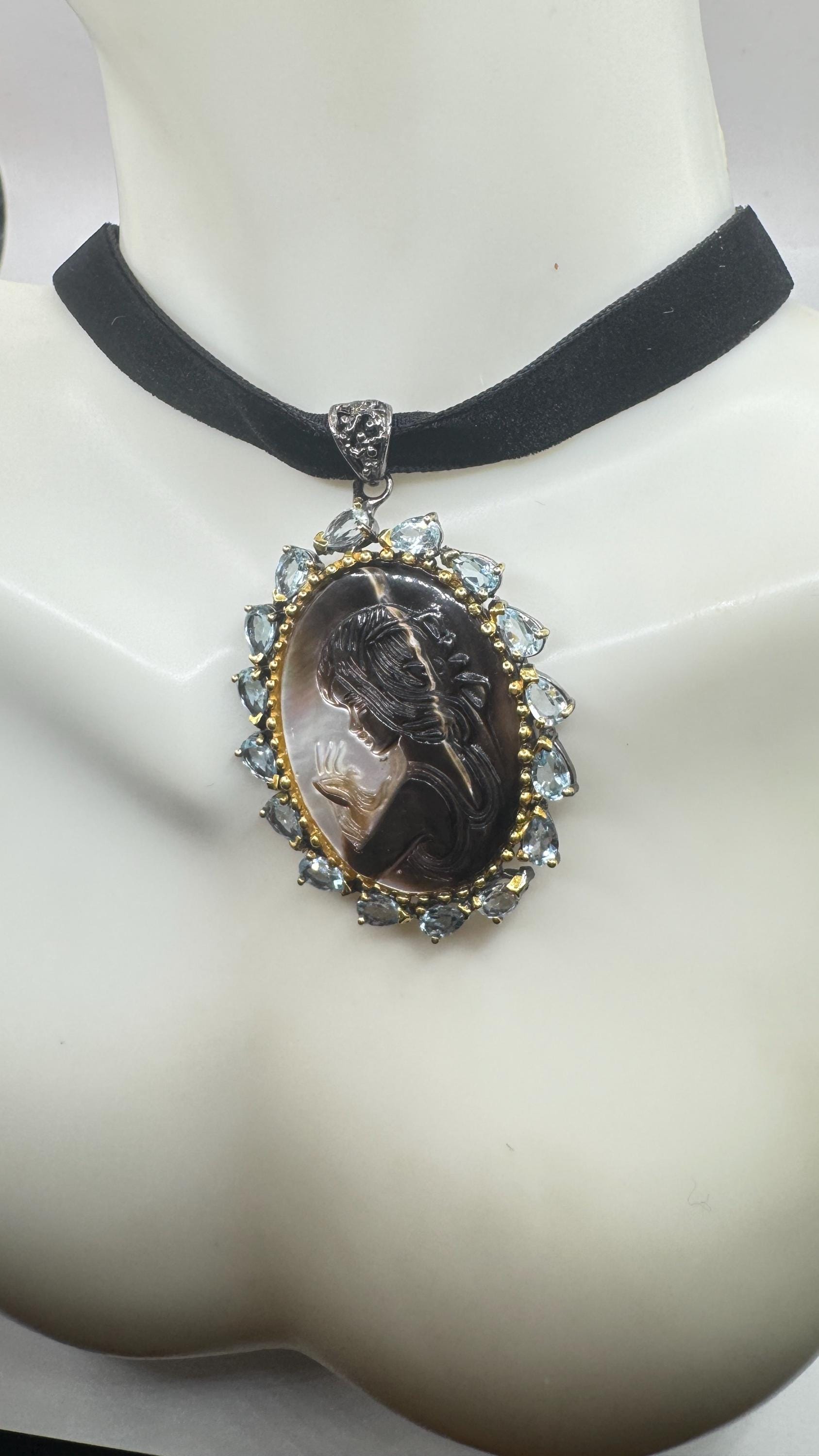 Vintage abalone Cameo Necklace 925 Sterling Silver