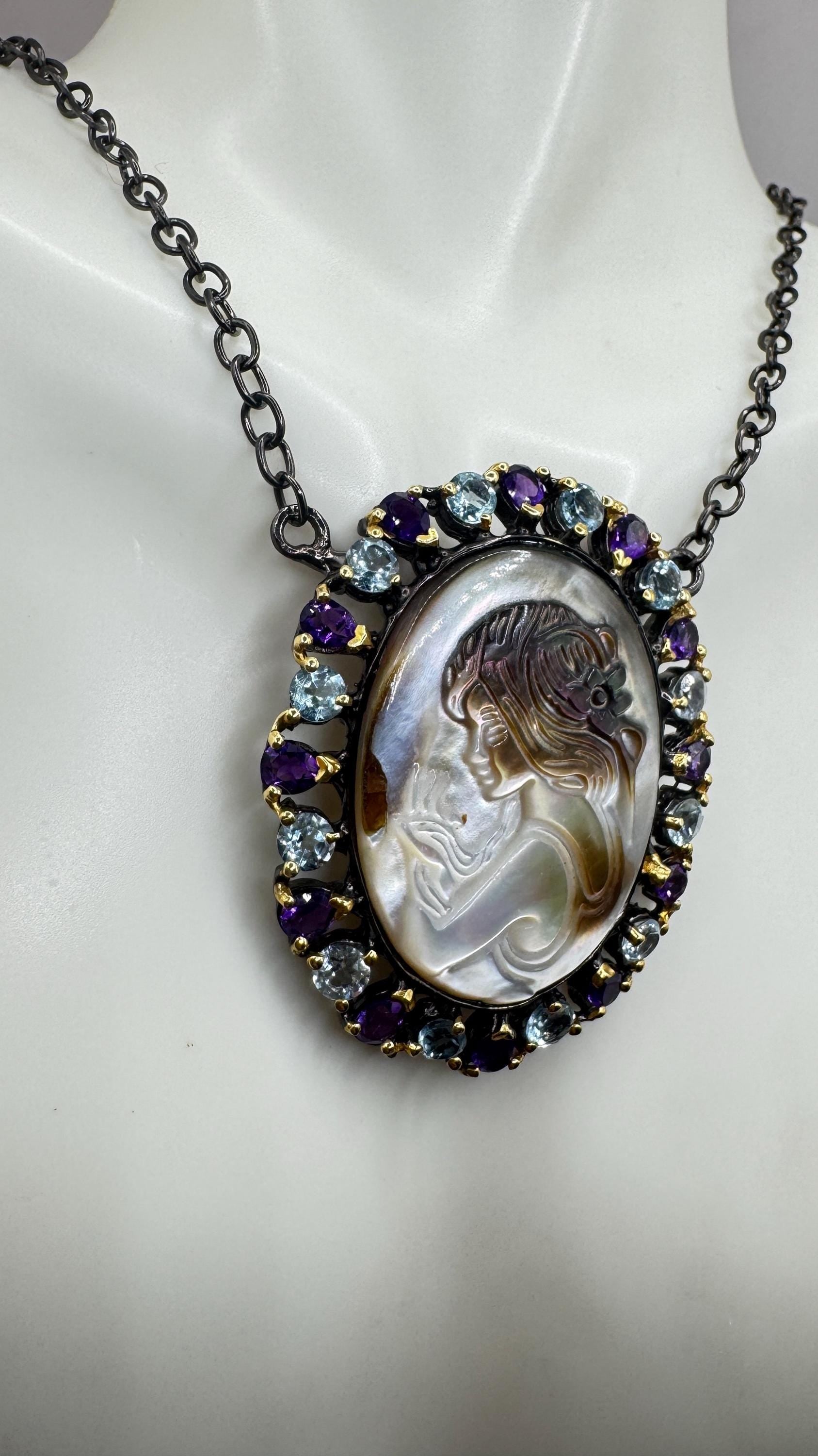 Vintage abalone Cameo Necklace 925 Sterling Silver