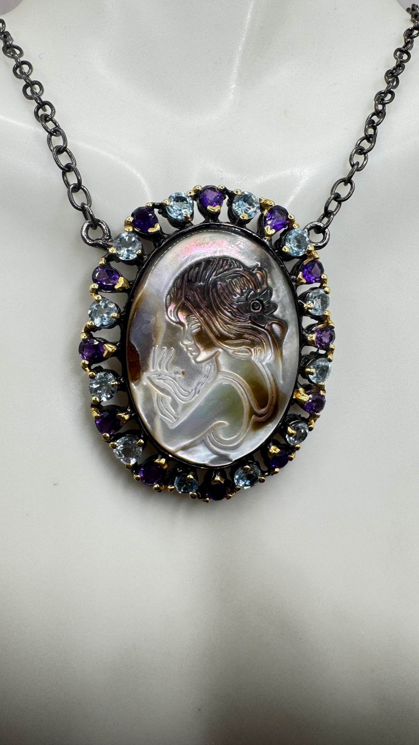 Vintage abalone Cameo Necklace 925 Sterling Silver
