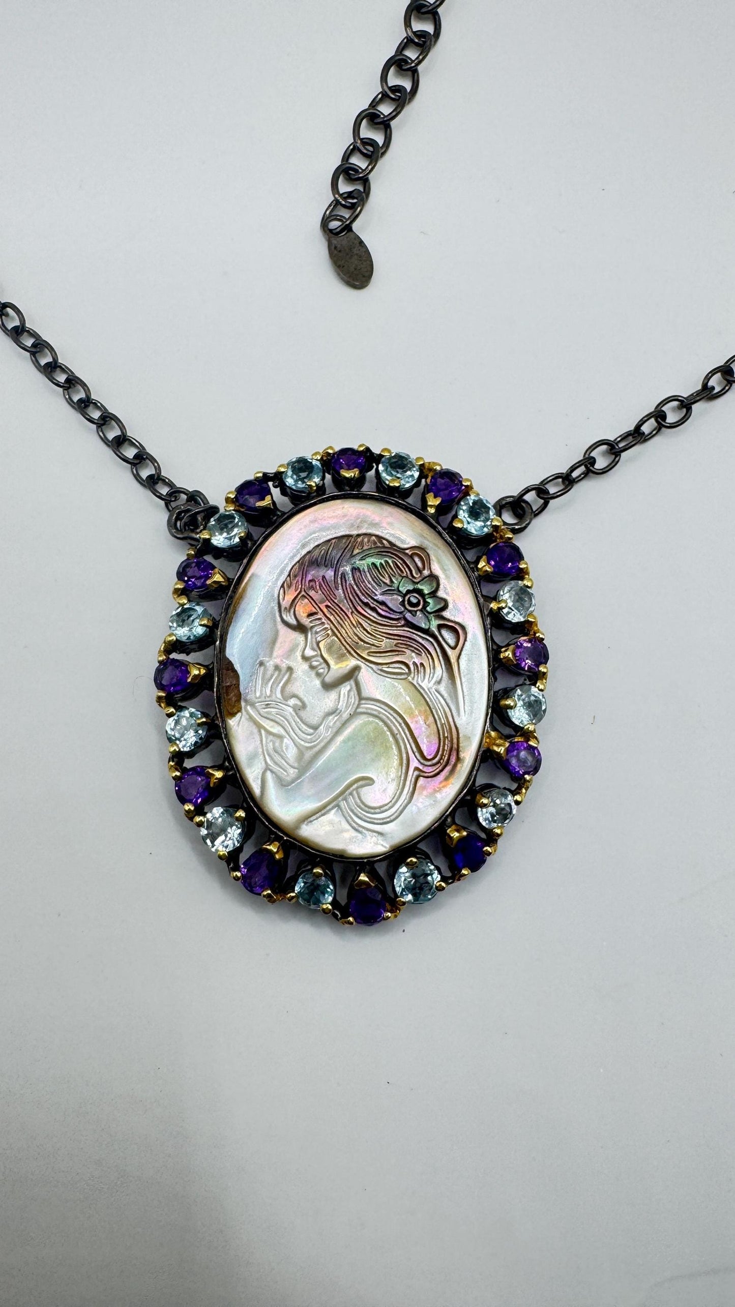 Vintage abalone Cameo Necklace 925 Sterling Silver