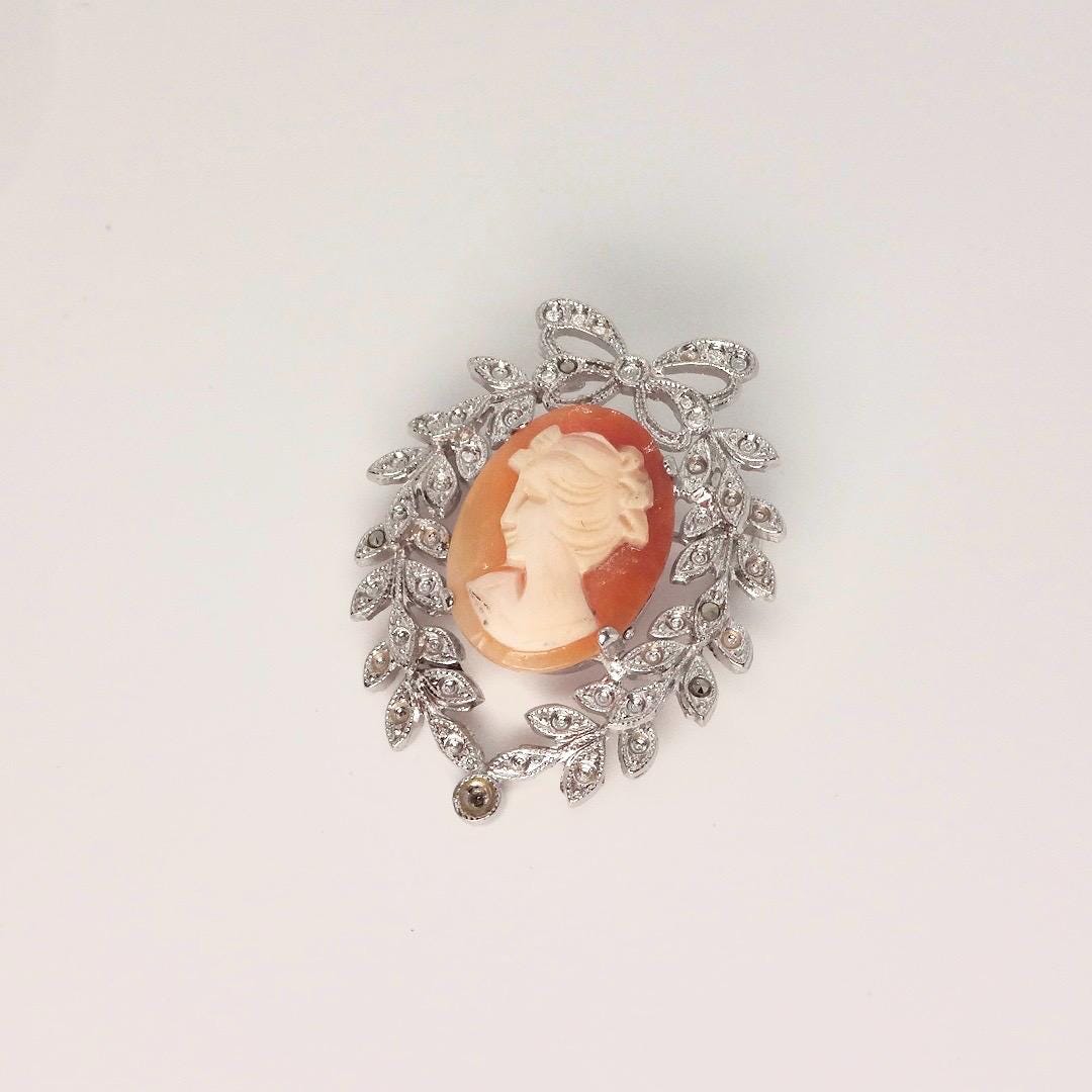 Vintage Shell Cameo 925 Sterling Silver Necklace Pin Choker