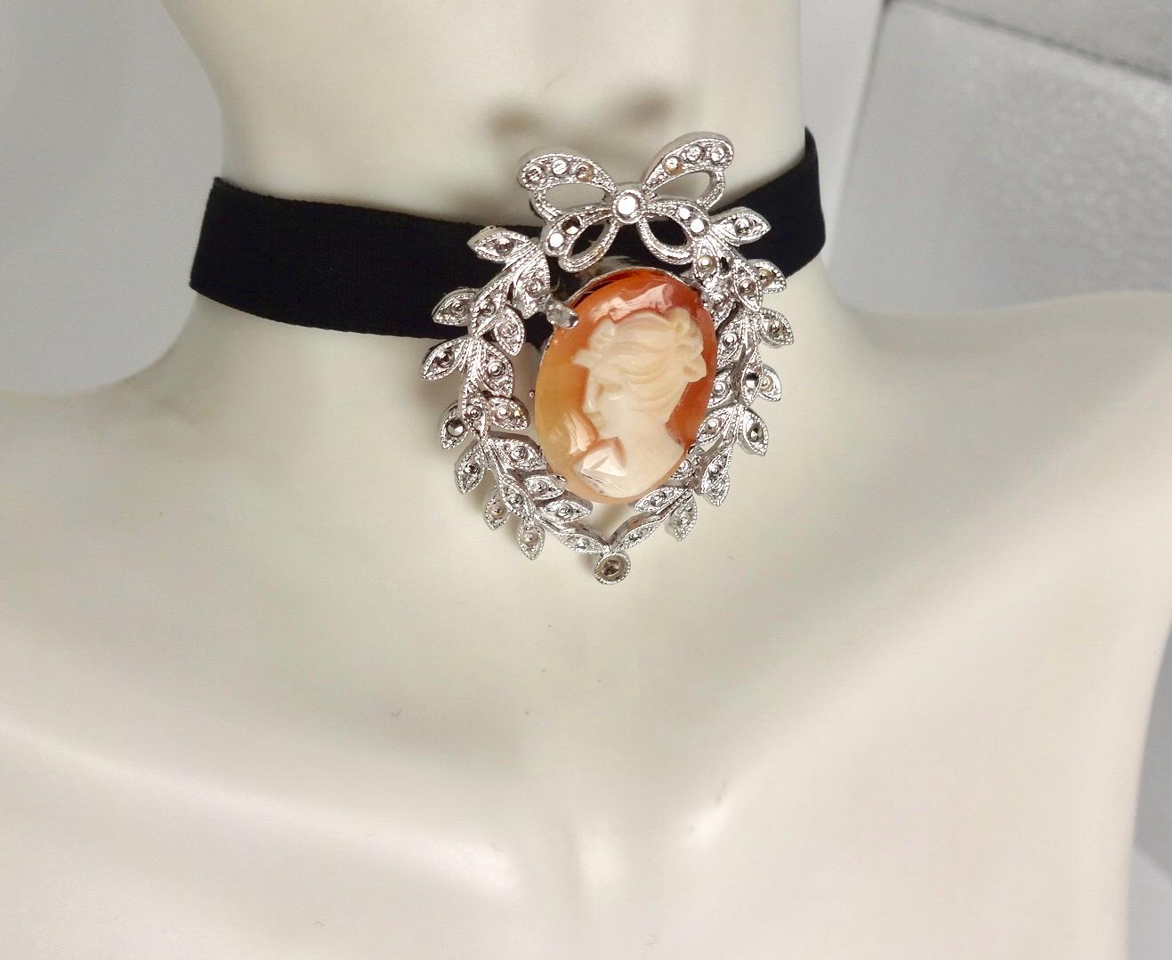 Vintage Shell Cameo 925 Sterling Silver Necklace Pin Choker