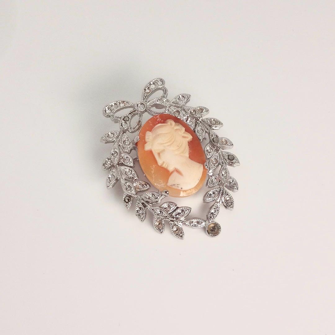 Vintage Shell Cameo 925 Sterling Silver Necklace Pin Choker