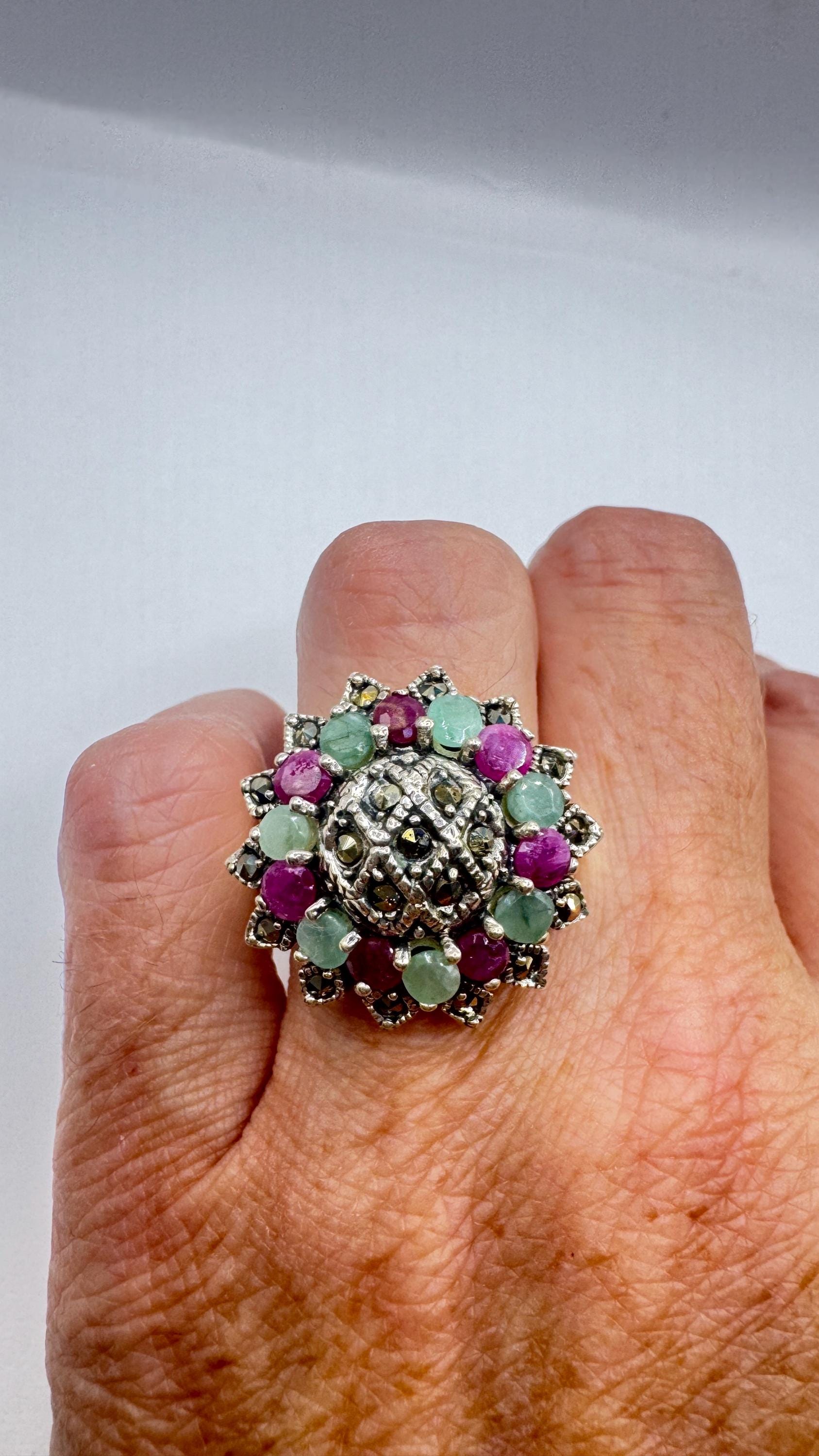 Vintage Emerald, Ruby, Marcasite 925 Sterling Silver Cocktail Ring
