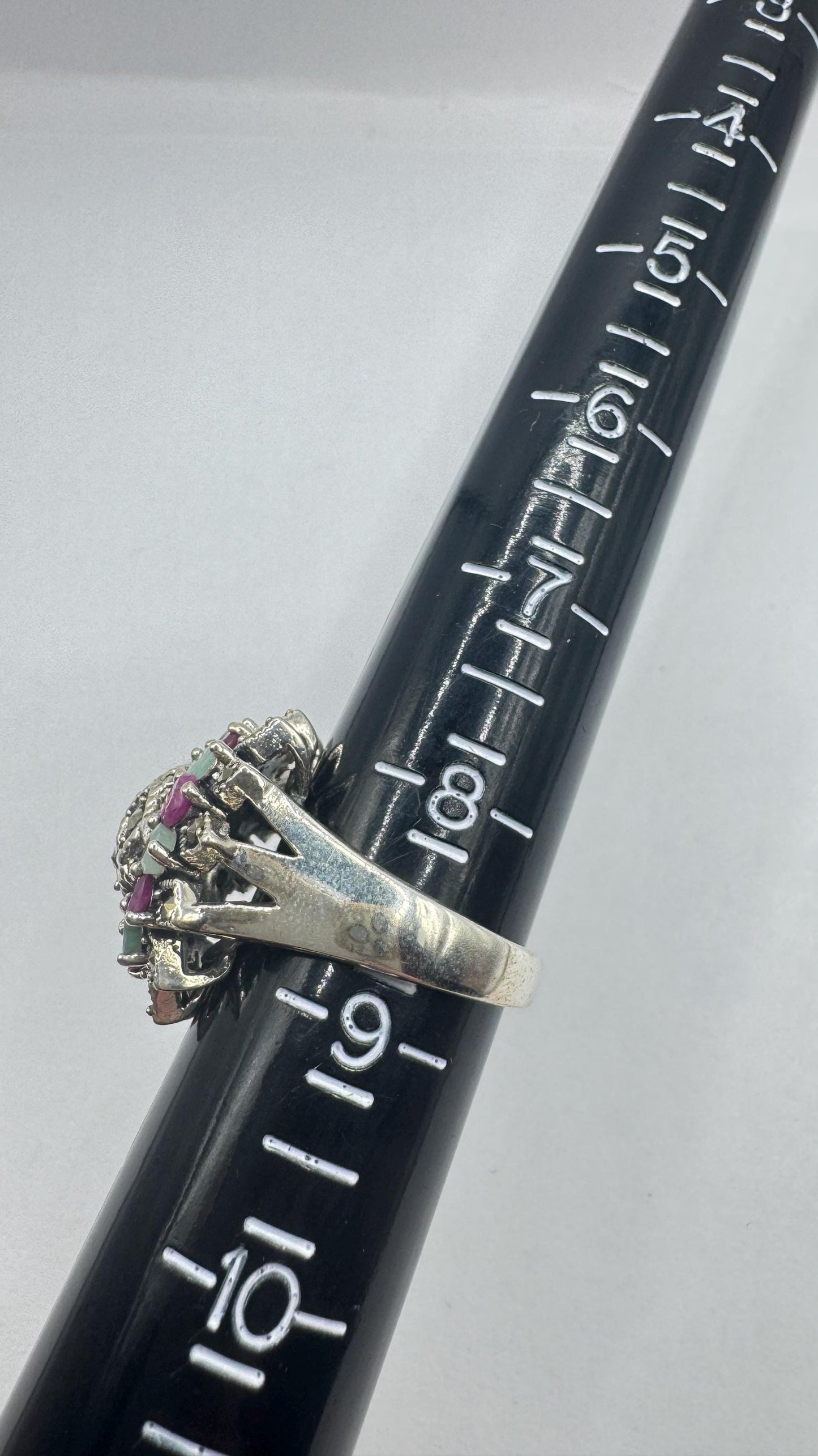 Vintage Emerald, Ruby, Marcasite 925 Sterling Silver Cocktail Ring