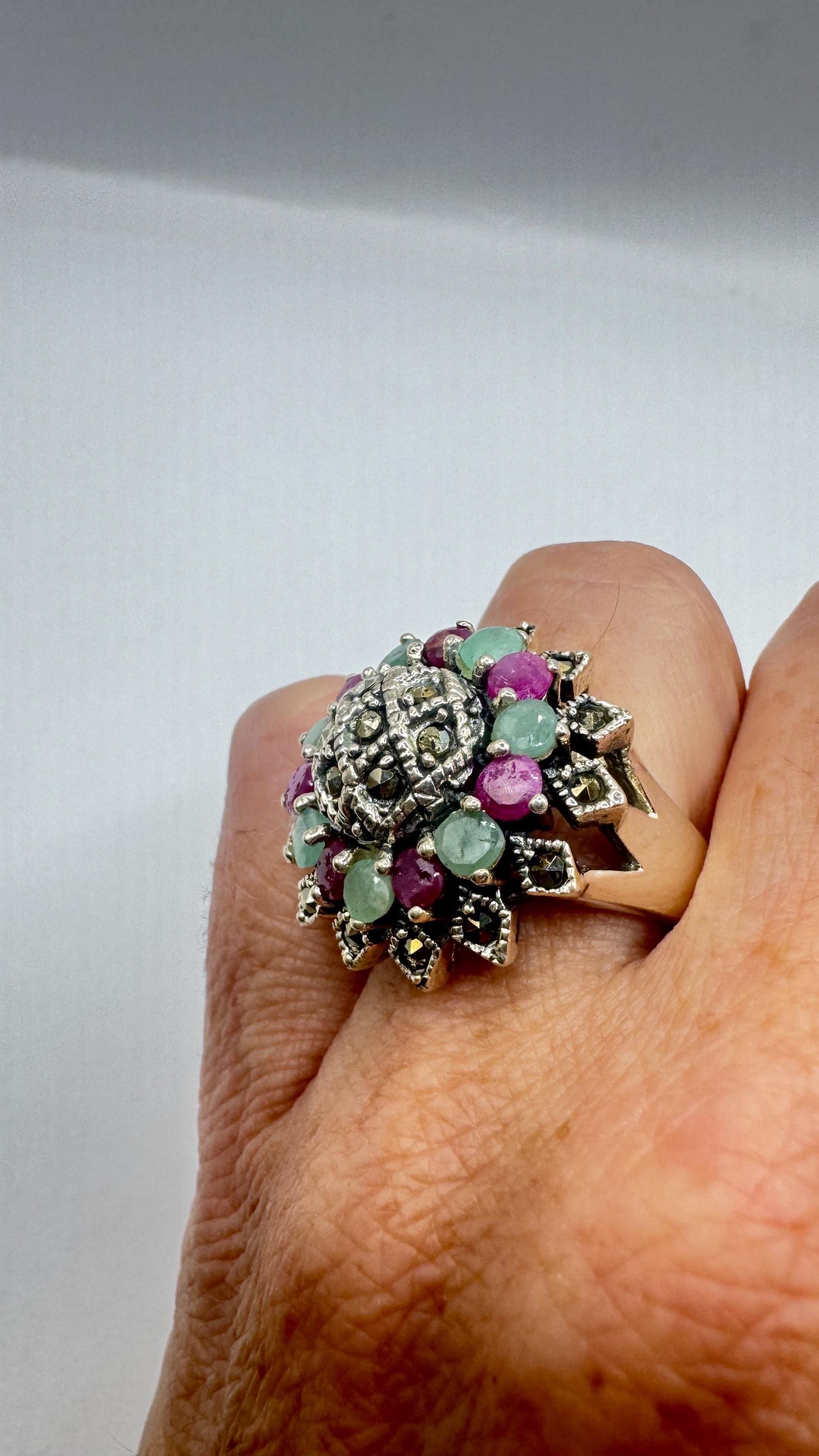 Vintage Emerald, Ruby, Marcasite 925 Sterling Silver Cocktail Ring