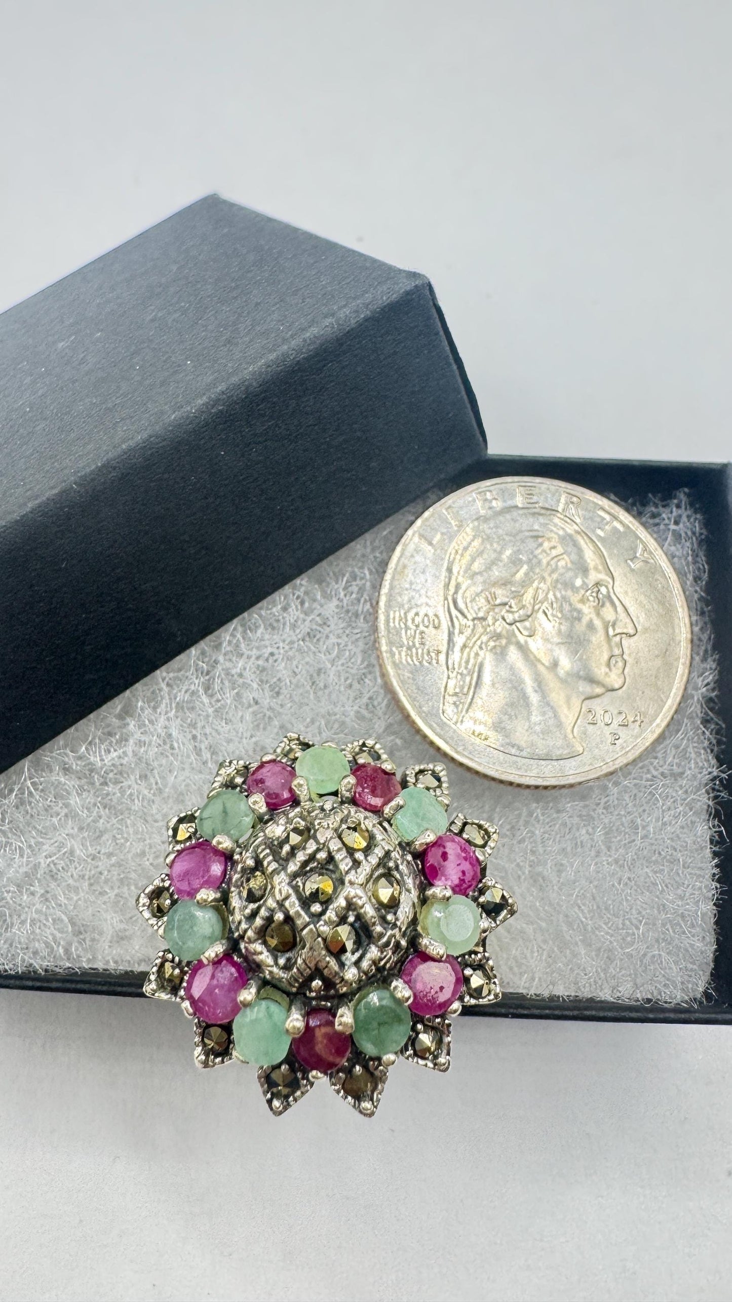 Vintage Emerald, Ruby, Marcasite 925 Sterling Silver Cocktail Ring