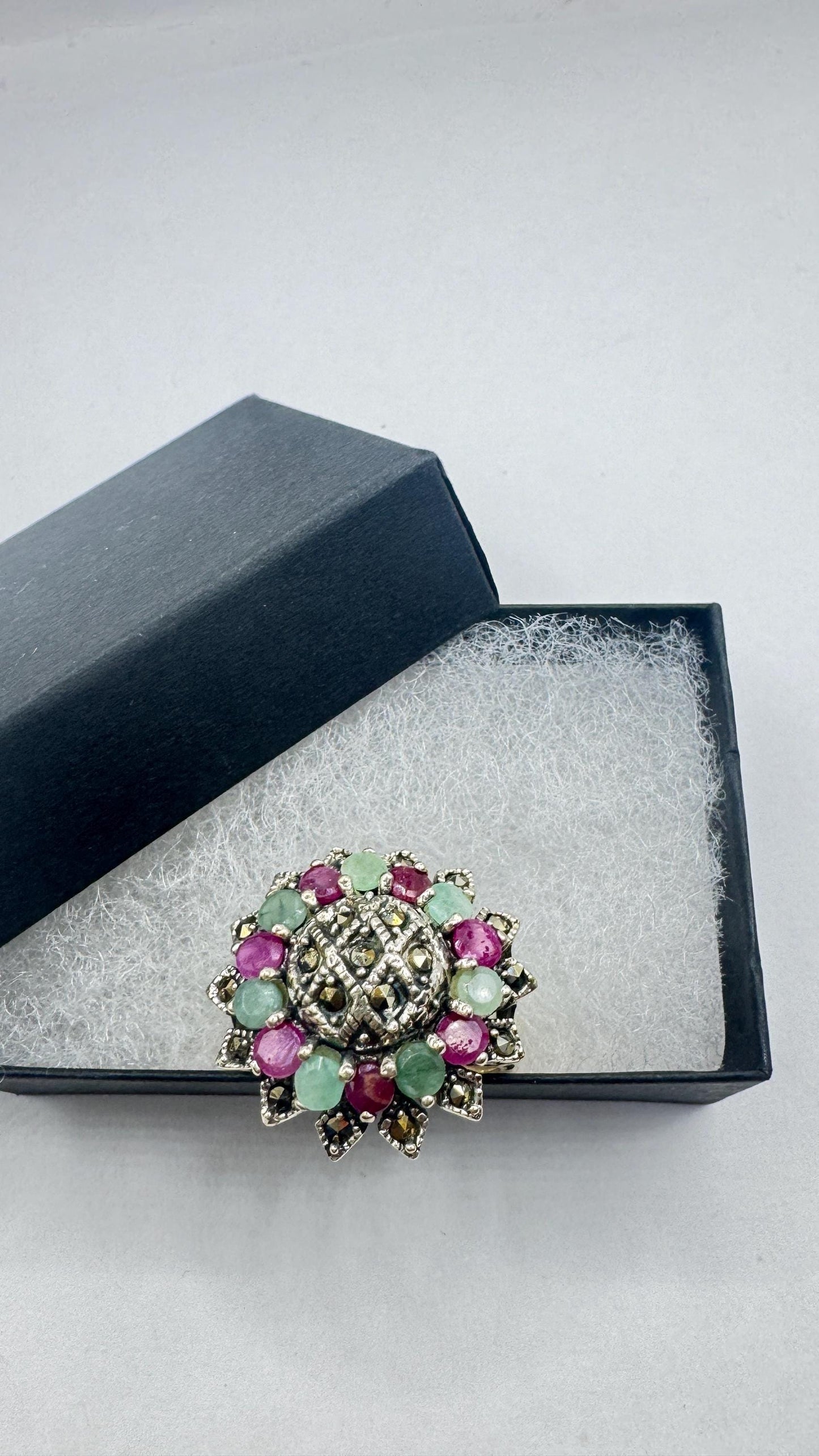 Vintage Emerald, Ruby, Marcasite 925 Sterling Silver Cocktail Ring