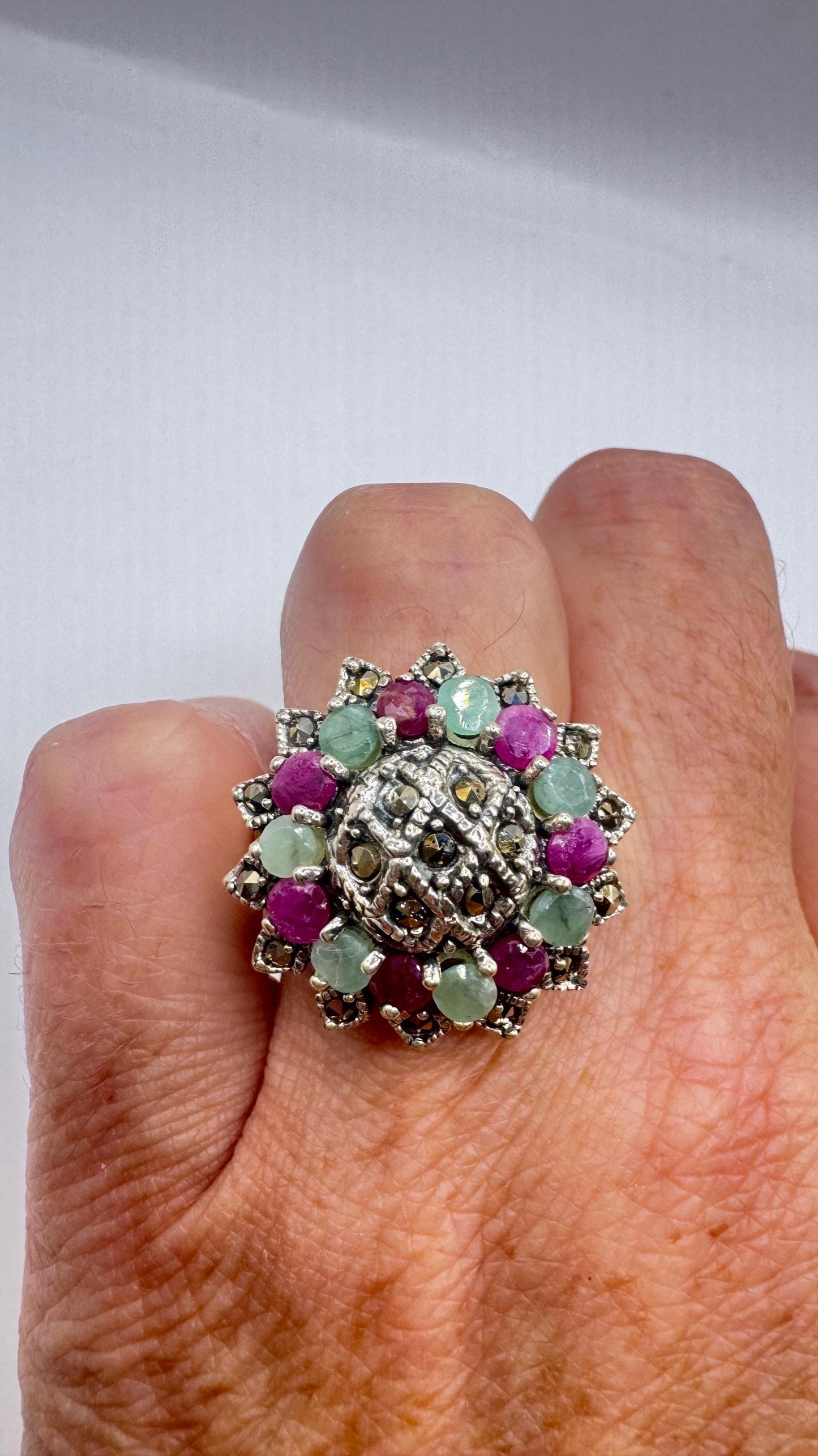 Vintage Emerald, Ruby, Marcasite 925 Sterling Silver Cocktail Ring