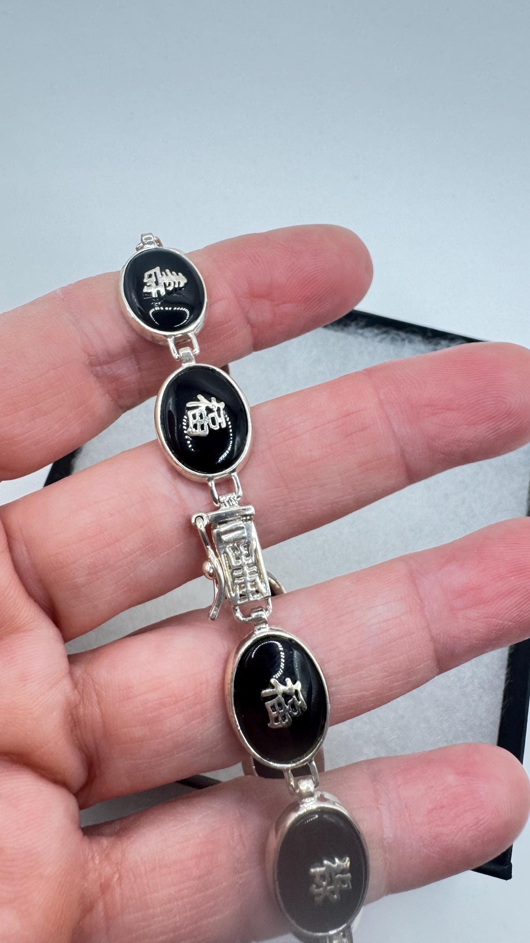 Vintage Hand Made 925% Sterling Silver Crystal Filligree Black Jet Onyx Cinese Lucky Bracelet