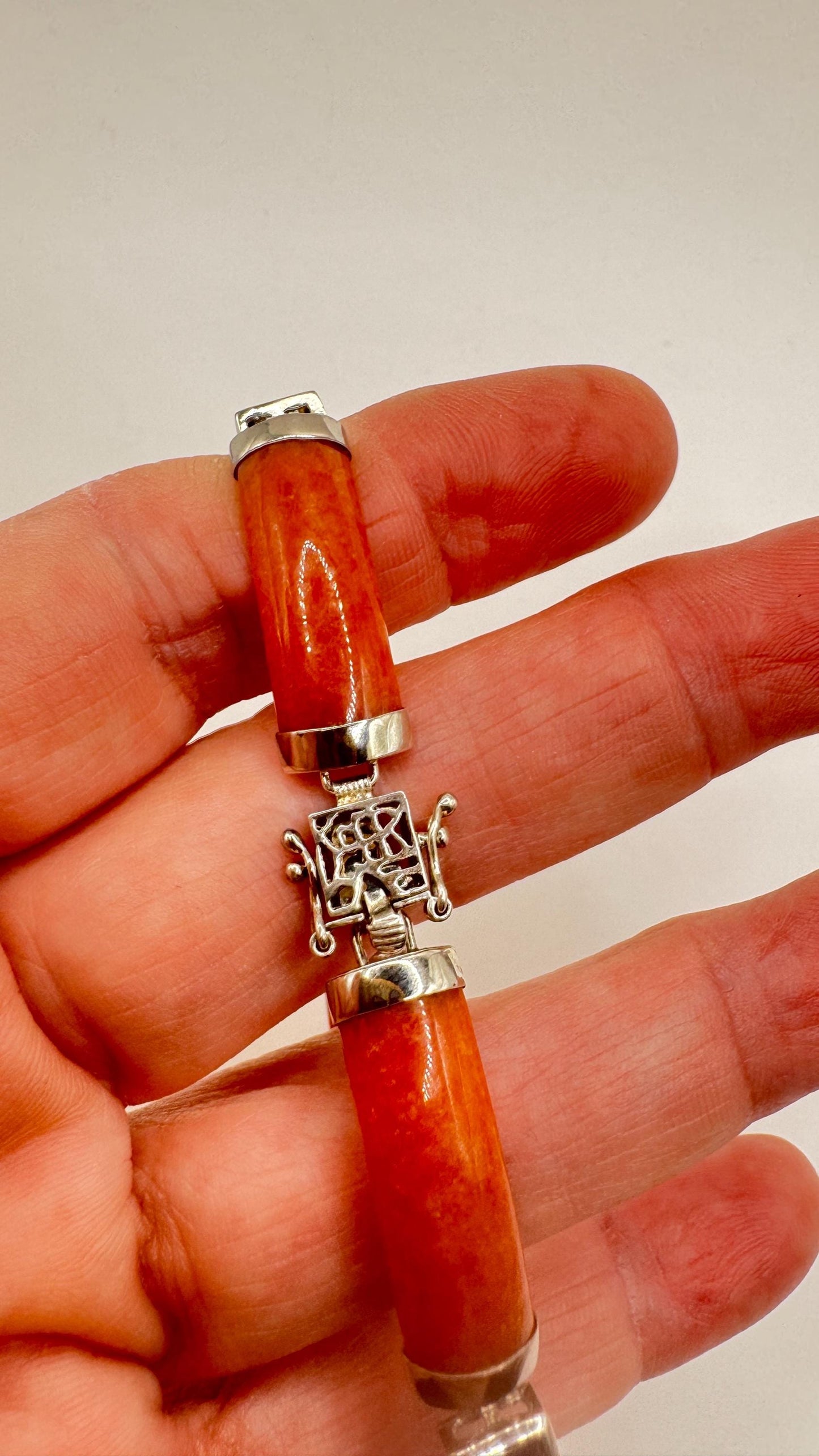 Vintage Orange Jade Red Garnet Tennis Bracelet in 925 Sterling Silver