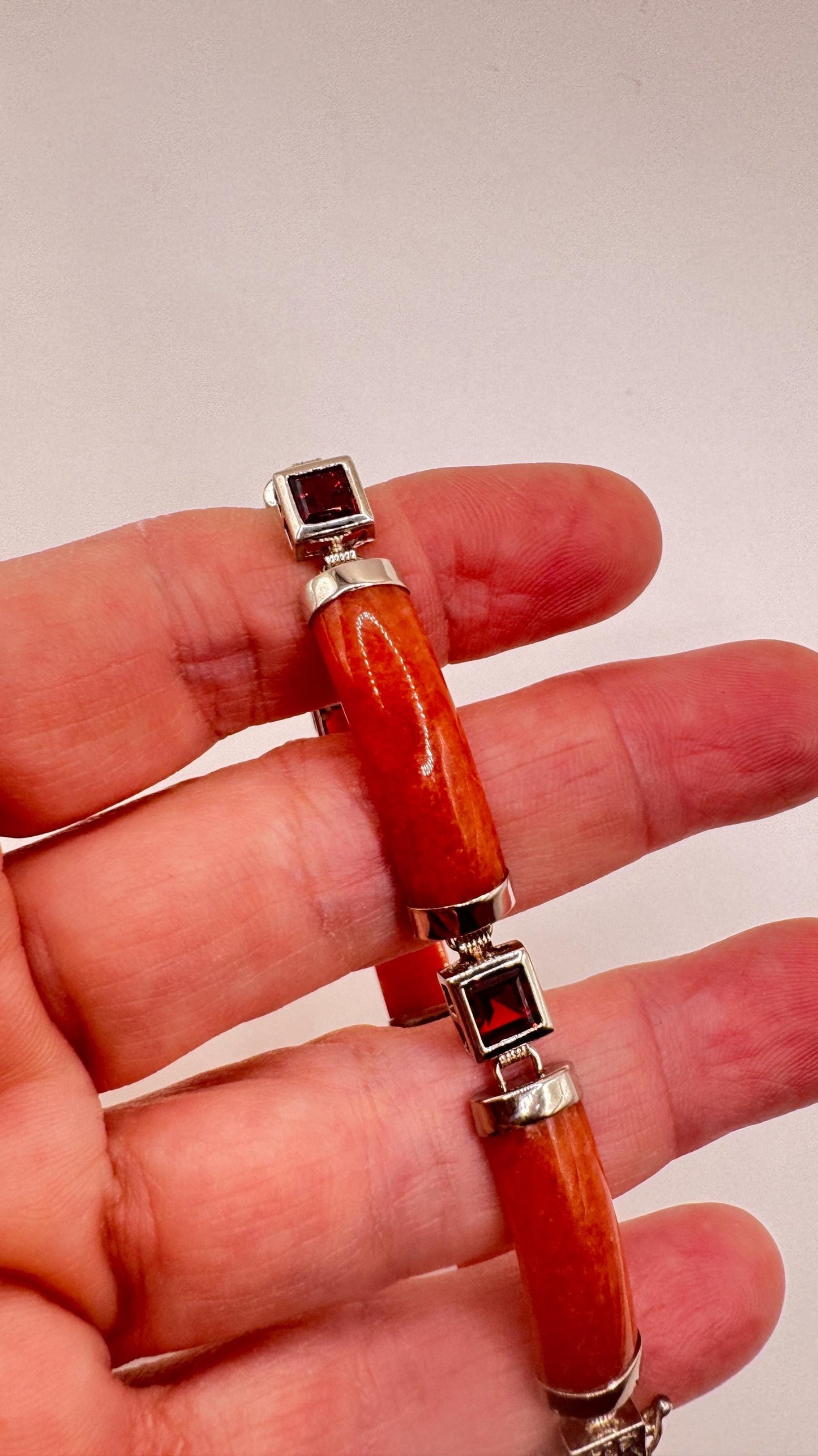 Vintage Orange Jade Red Garnet Tennis Bracelet in 925 Sterling Silver