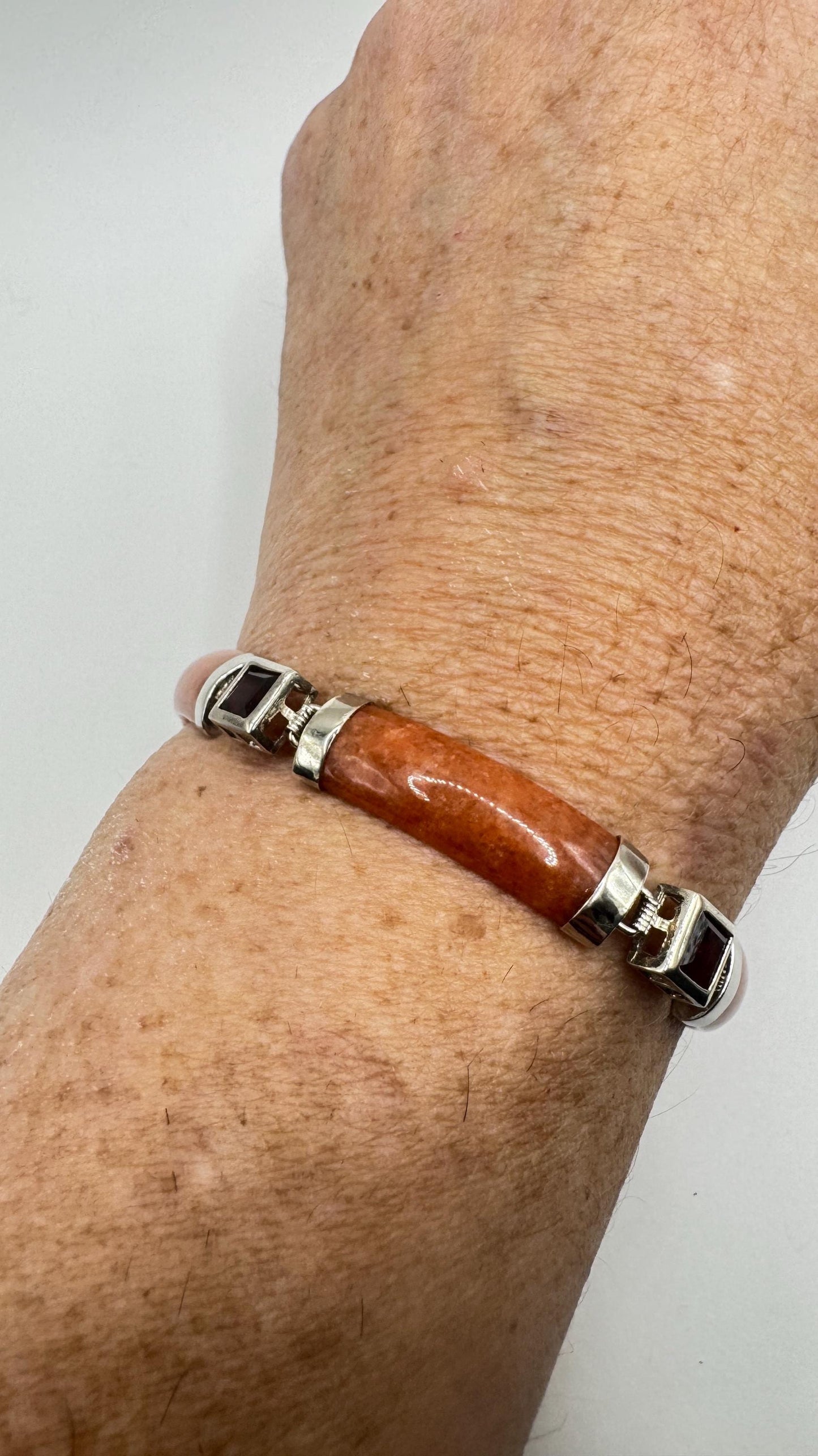 Vintage Orange Jade Red Garnet Tennis Bracelet in 925 Sterling Silver