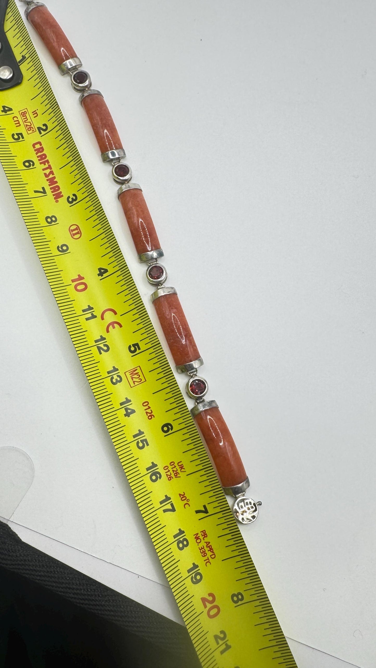 Vintage Orange Jade Red Garnet Tennis Bracelet in 925 Sterling Silver