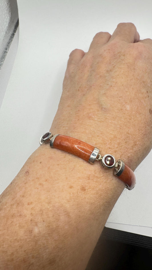 Vintage Orange Jade Red Garnet Tennis Bracelet in 925 Sterling Silver
