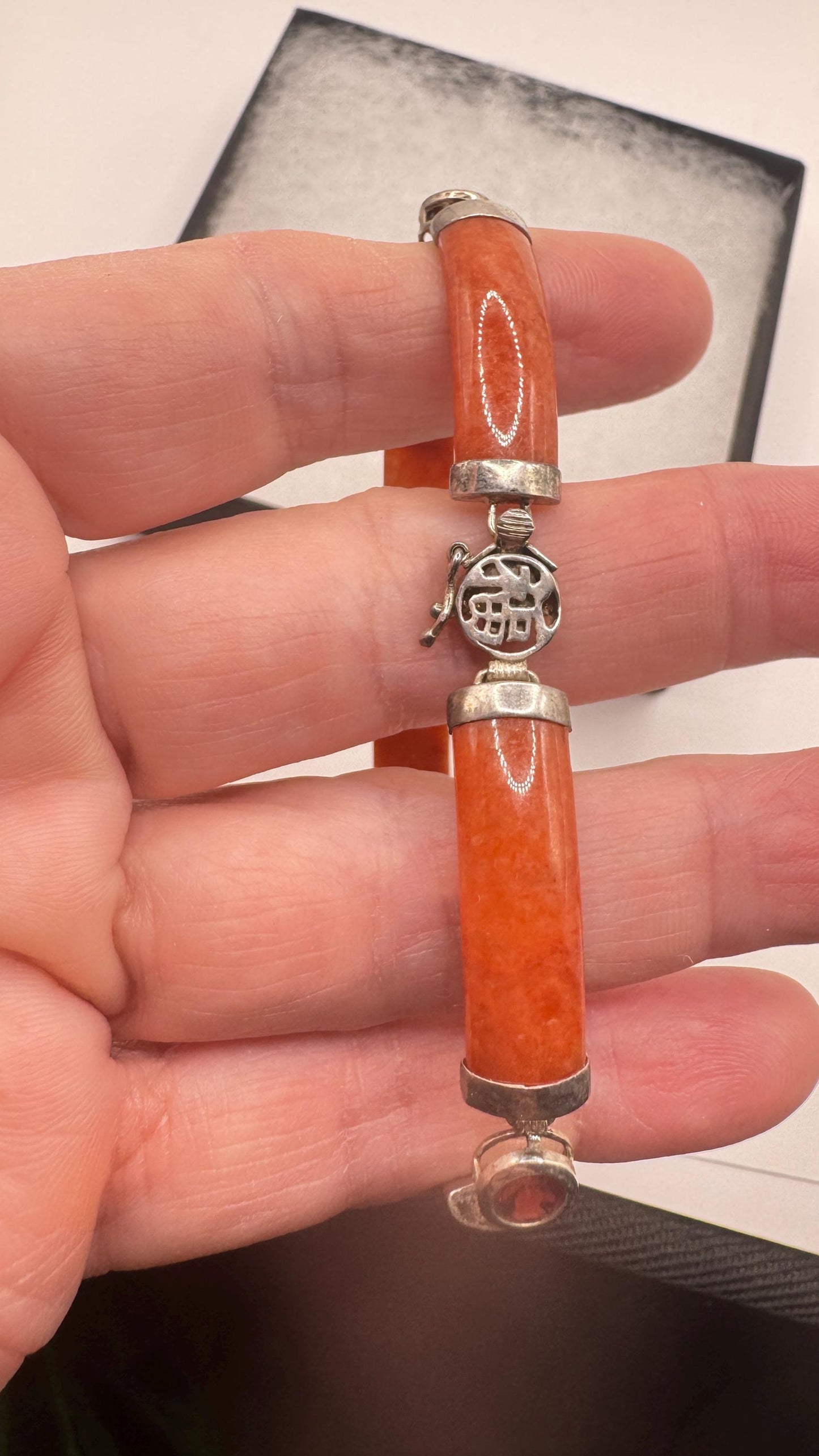 Vintage Orange Jade Red Garnet Tennis Bracelet in 925 Sterling Silver