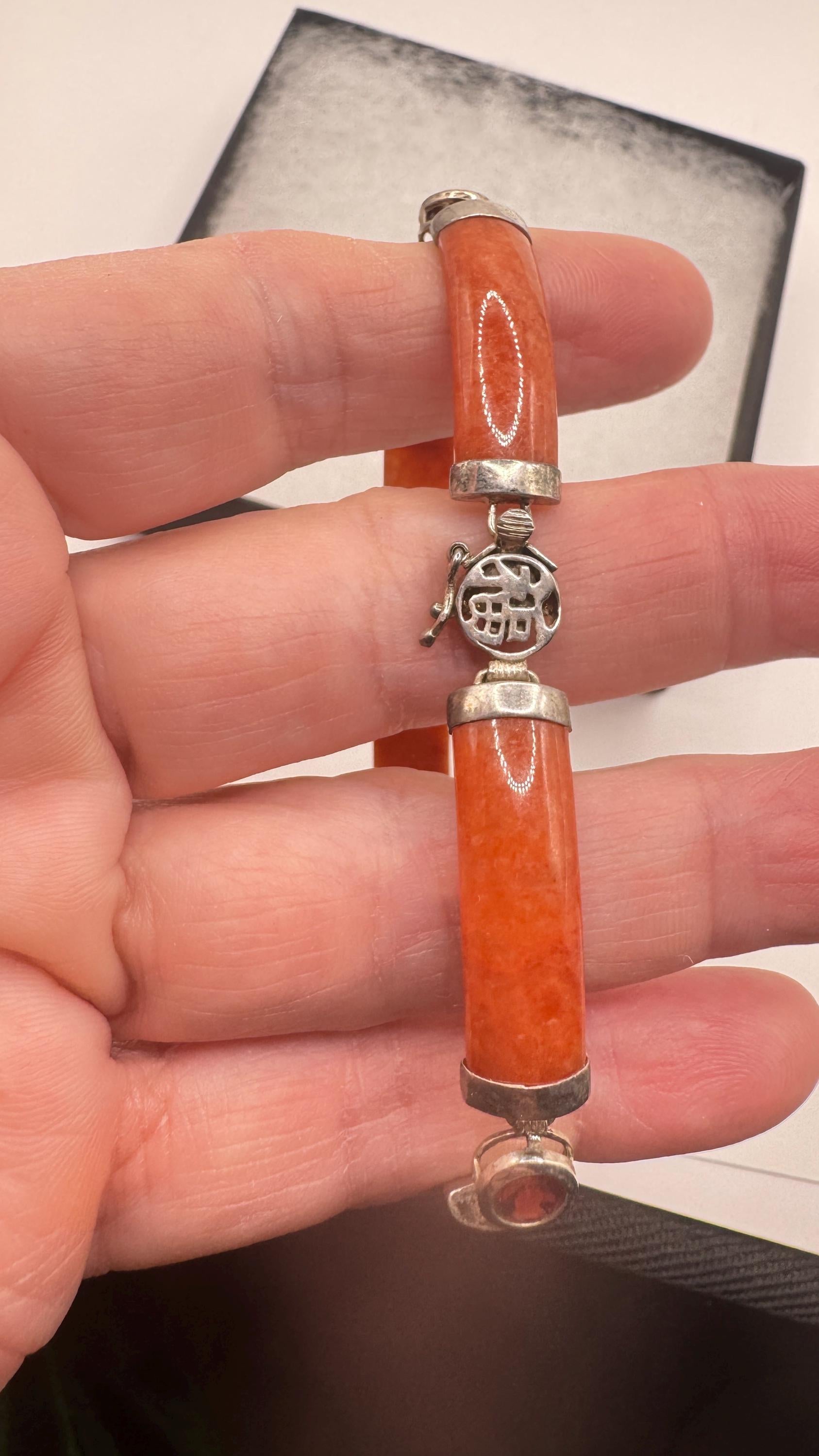 Vintage Orange Jade Red Garnet Tennis Bracelet in 925 Sterling Silver
