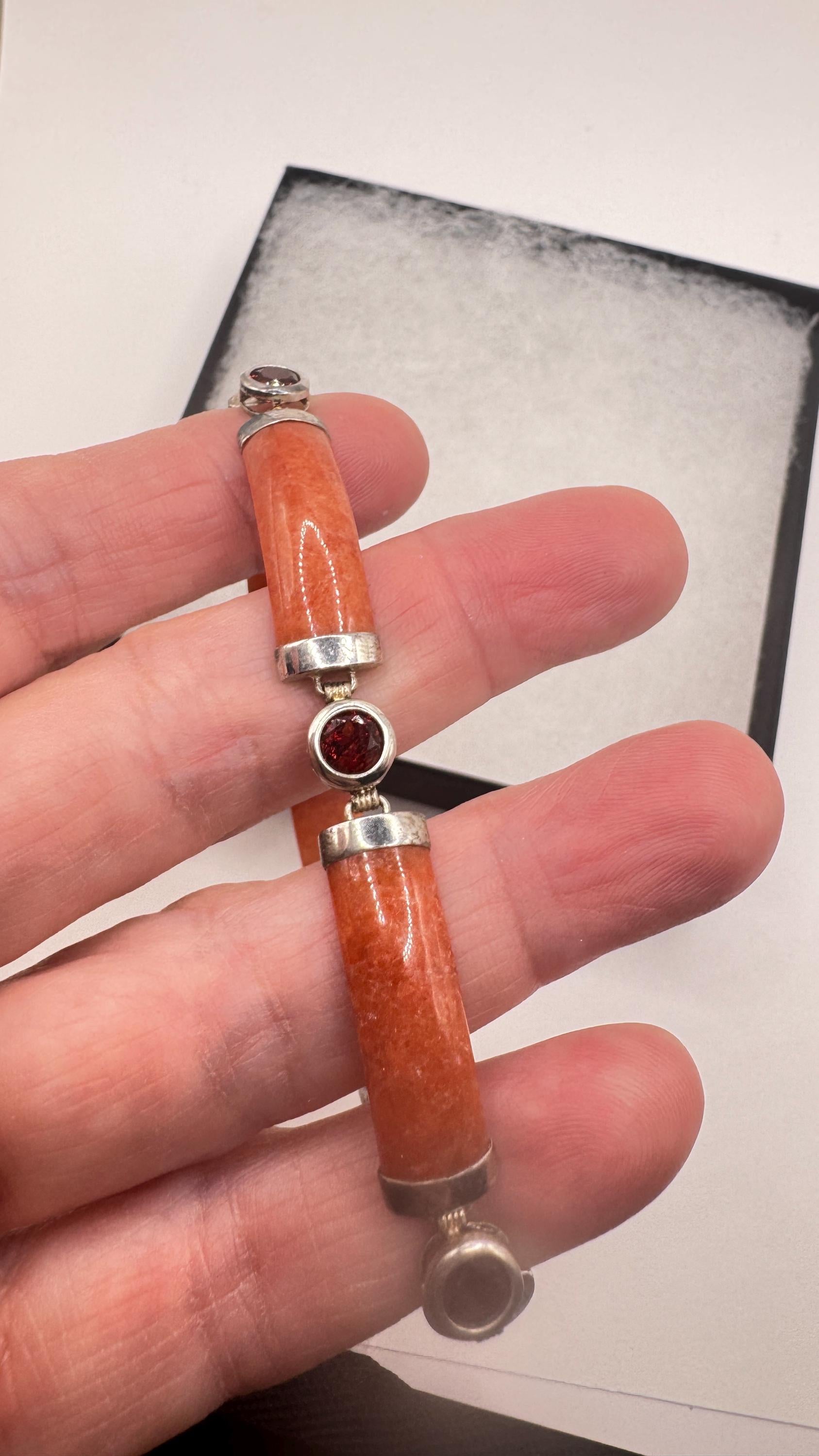 Vintage Orange Jade Red Garnet Tennis Bracelet in 925 Sterling Silver