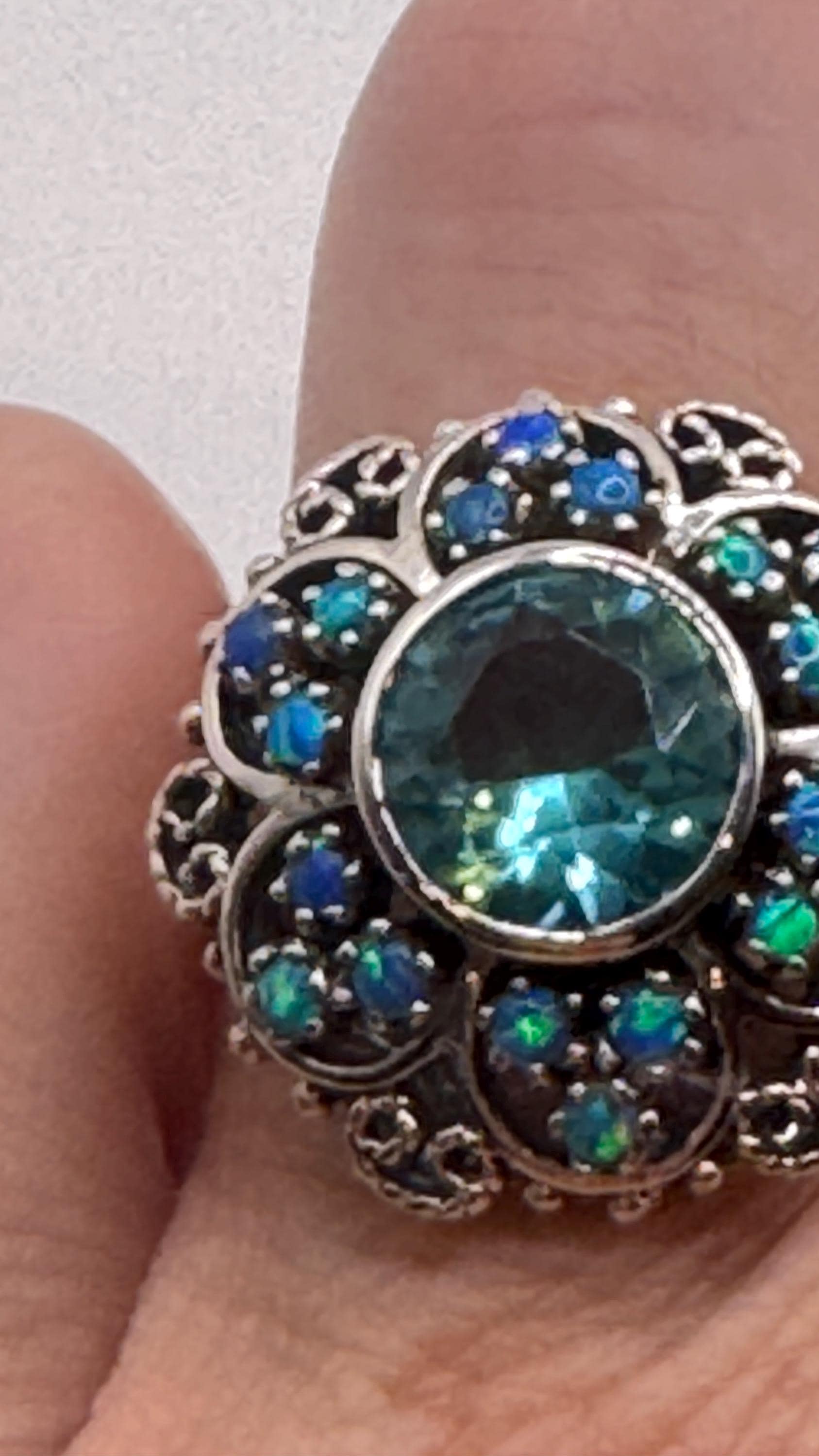 Vintage Fire Opal Blue Topaz 925 Sterling Silver Ring