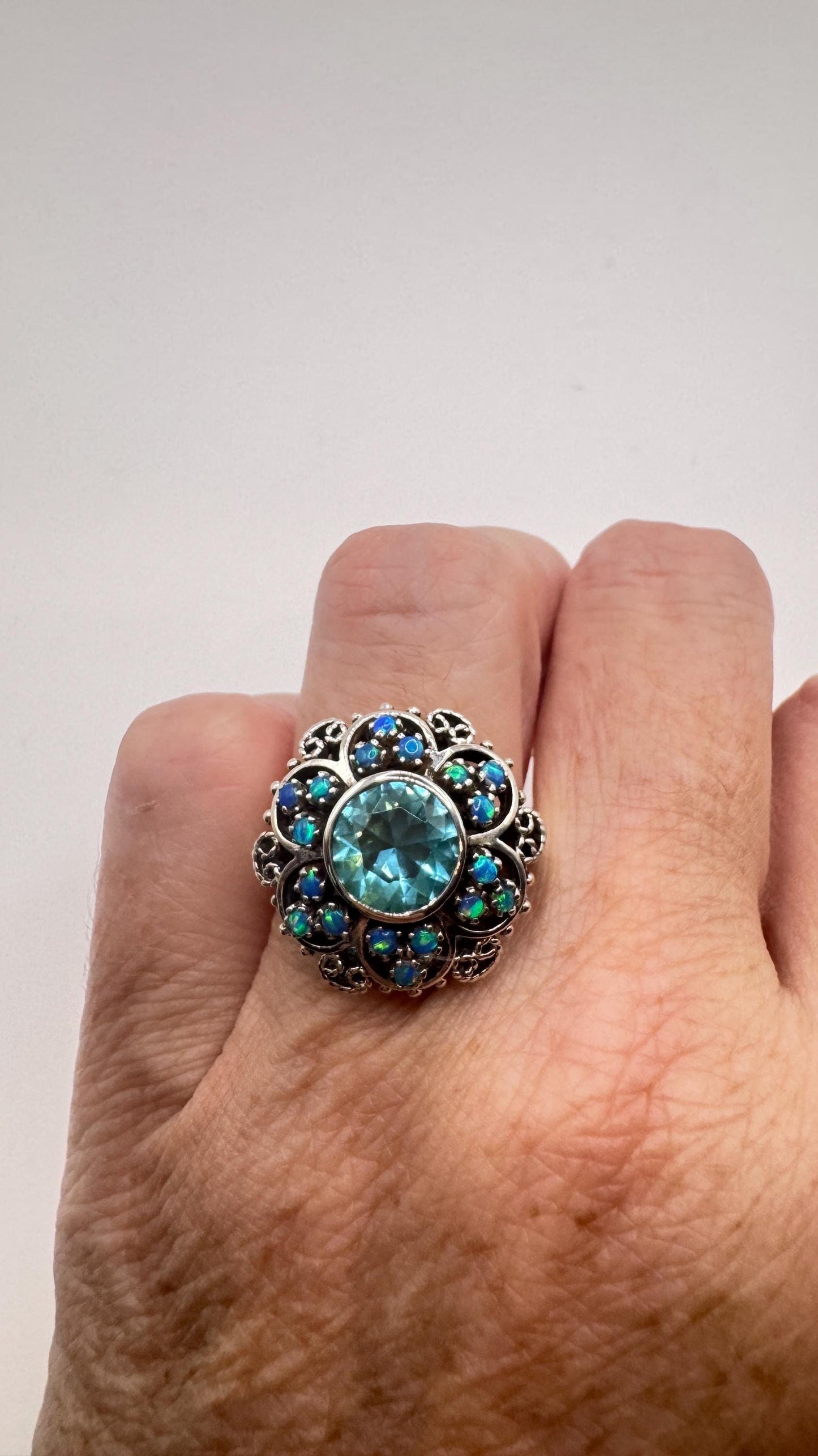 Vintage Fire Opal Blue Topaz 925 Sterling Silver Ring