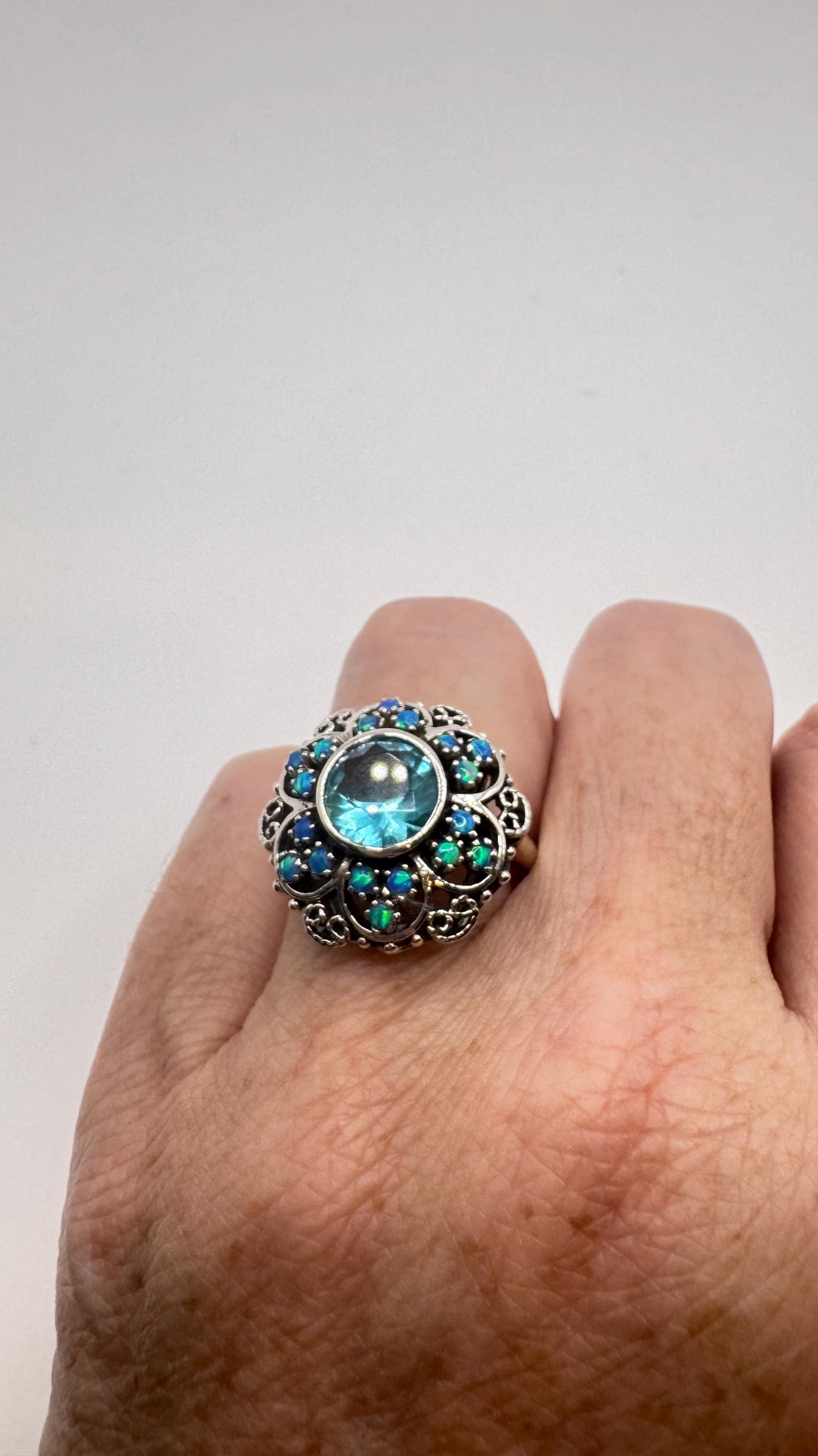 Vintage Fire Opal Blue Topaz 925 Sterling Silver Ring
