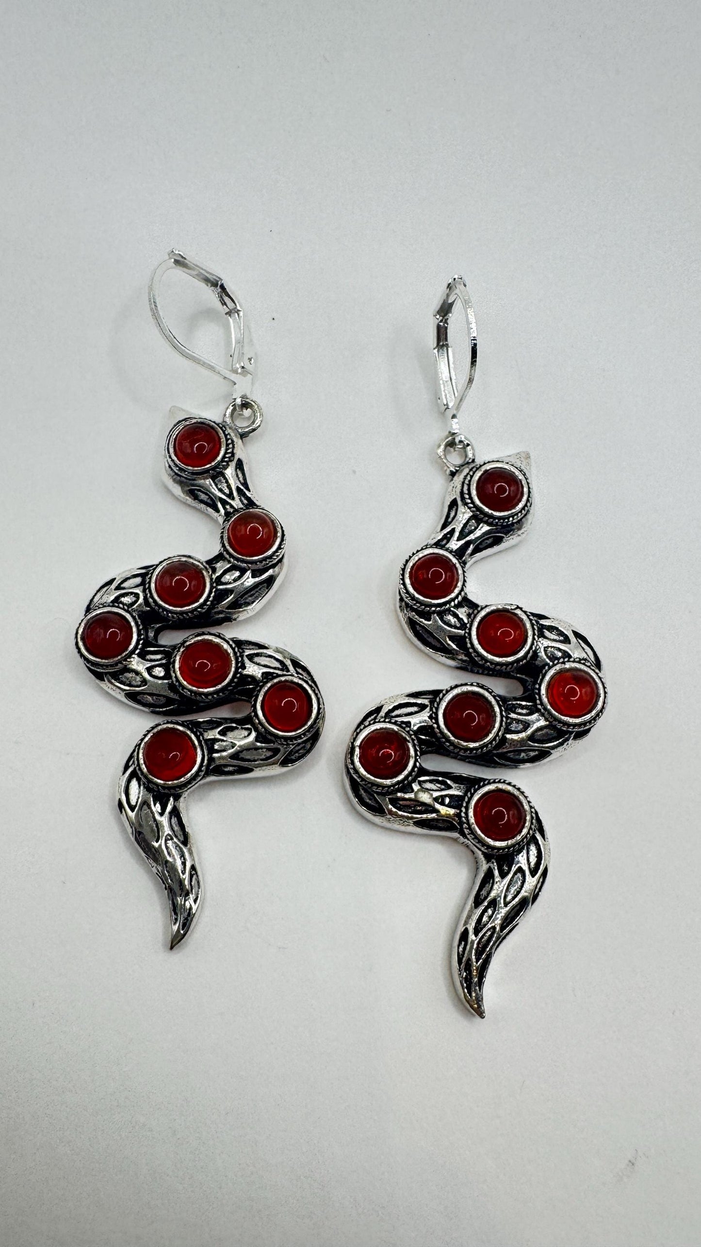 Vintage Genuine Red Carnelian Sterling Silver Snake Serpent Dangle Chandelier Earrings