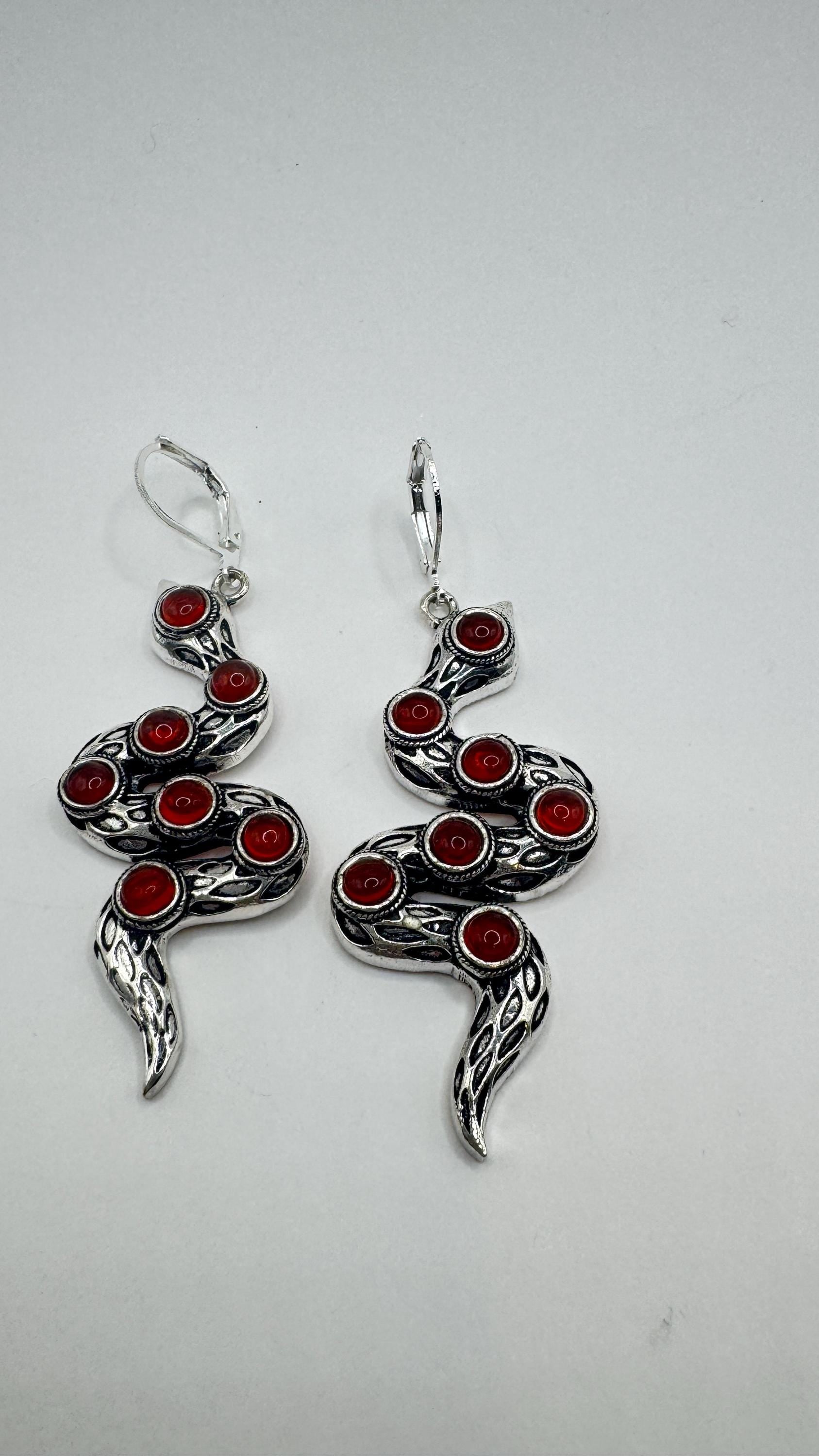 Vintage Genuine Red Carnelian Sterling Silver Snake Serpent Dangle Chandelier Earrings