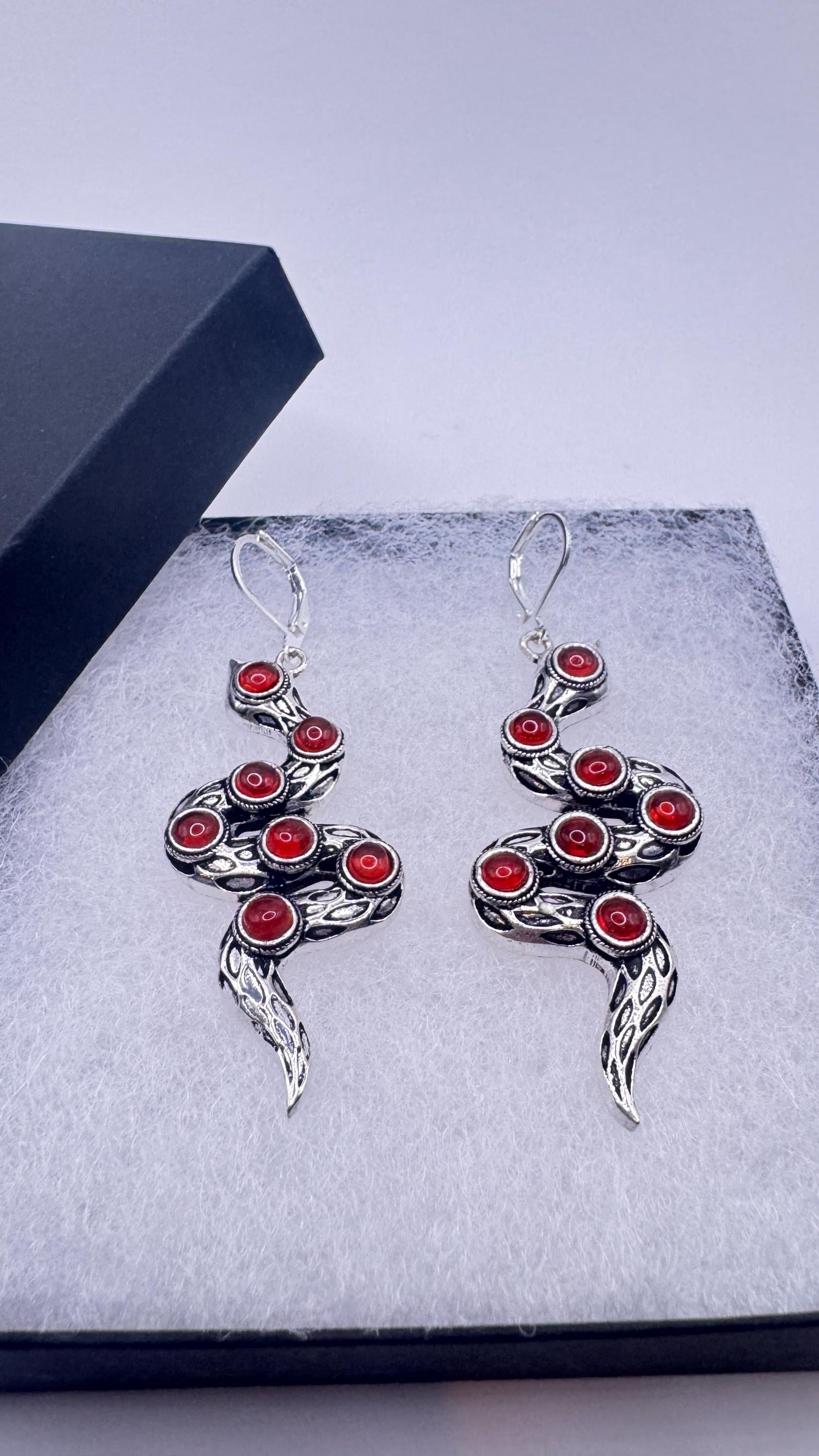Vintage Genuine Red Carnelian Sterling Silver Snake Serpent Dangle Chandelier Earrings