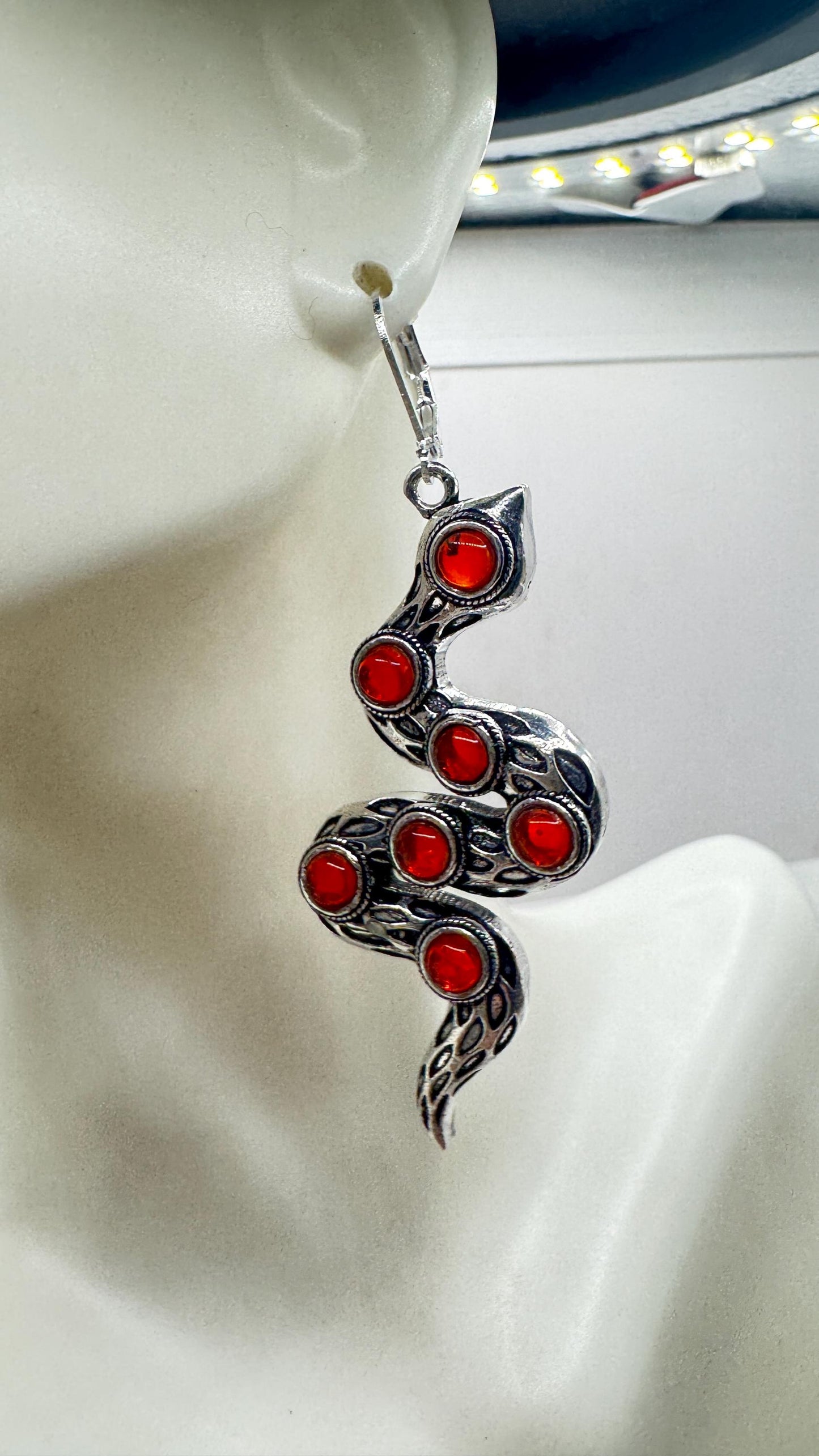Vintage Genuine Red Carnelian Sterling Silver Snake Serpent Dangle Chandelier Earrings