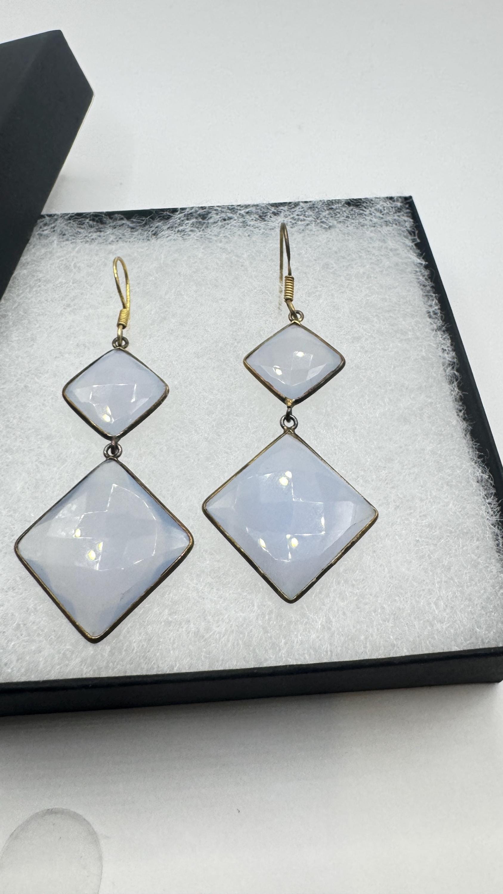 Vintage Blue Chalcedony earrings Gold Sterling Silver Chandelier