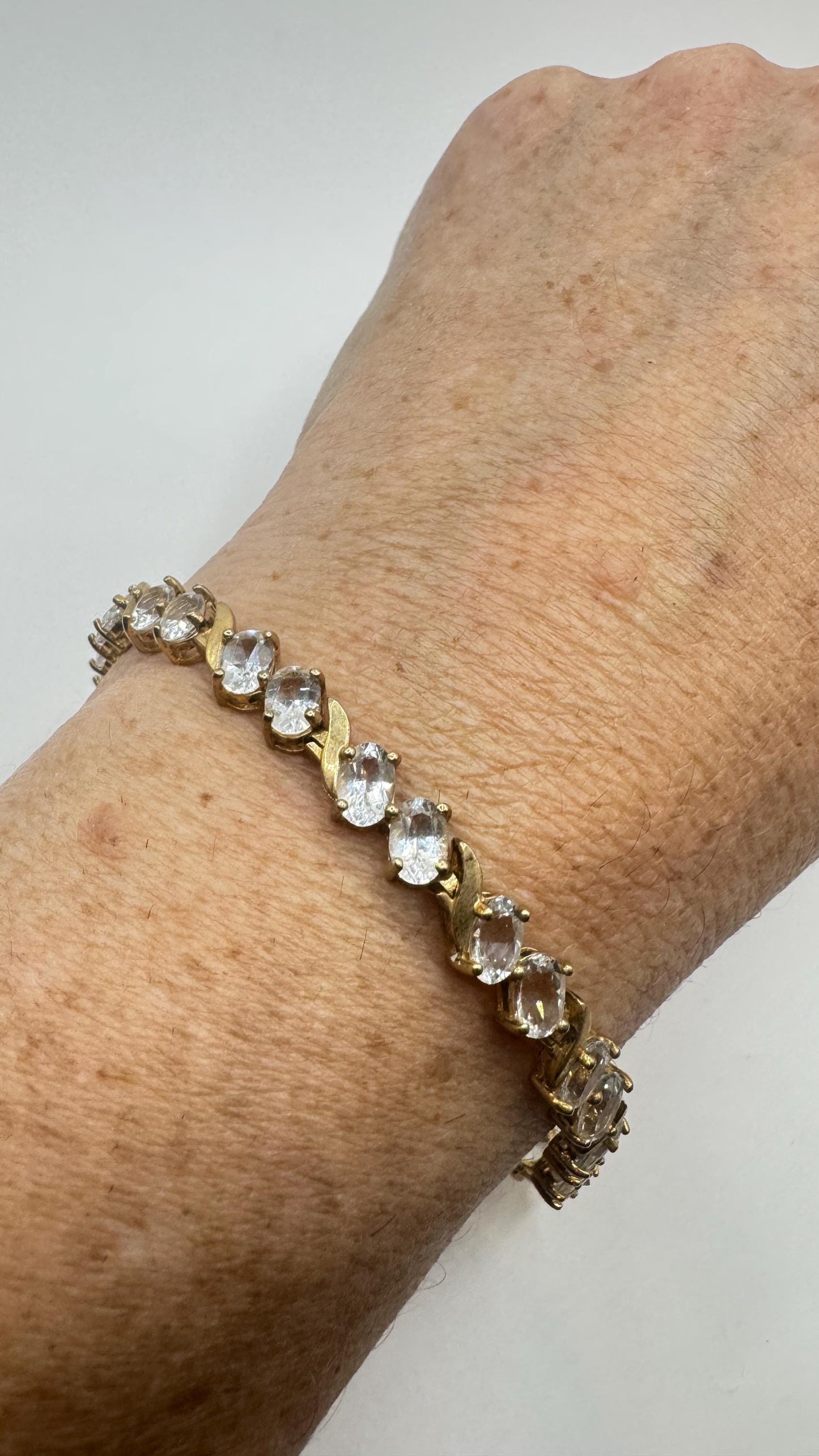 Vintage Pale Clear Aquamarine 925 Golden Sterling Silver Tennis Bracelet