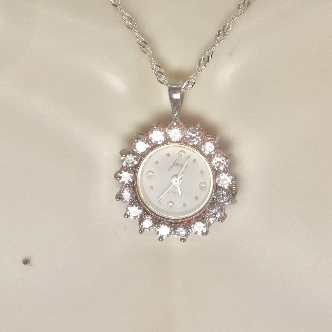 Vintage Watch Necklace 925 Sterling Silver Clear CZ