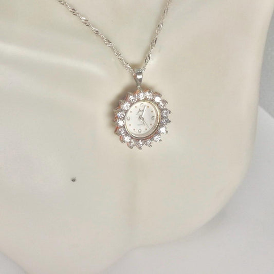 Vintage Watch Necklace 925 Sterling Silver Clear CZ